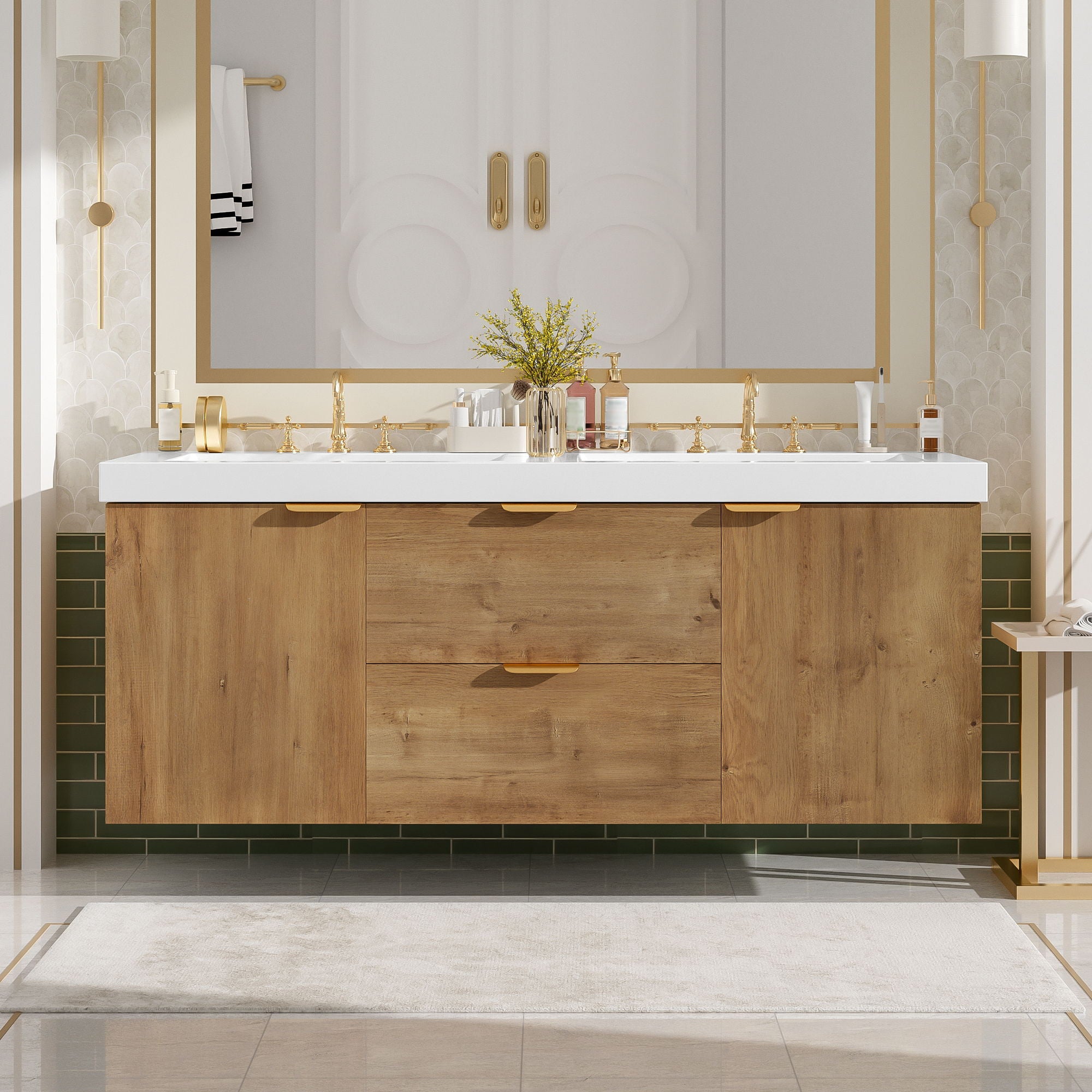 Double Sink Bathroom Vanity Soft Close Doors, Divided Drawers, Wall Mounted - Wood