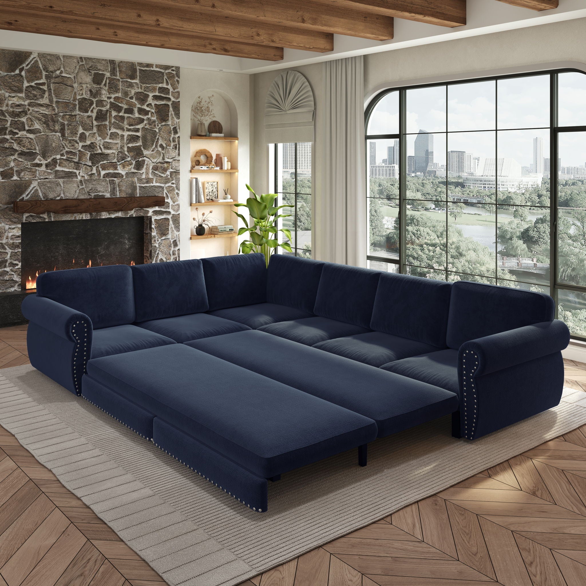 L-Shaped Sofa Couch With Pull Out Bed With Nailhead Trim & Rolled Arm
