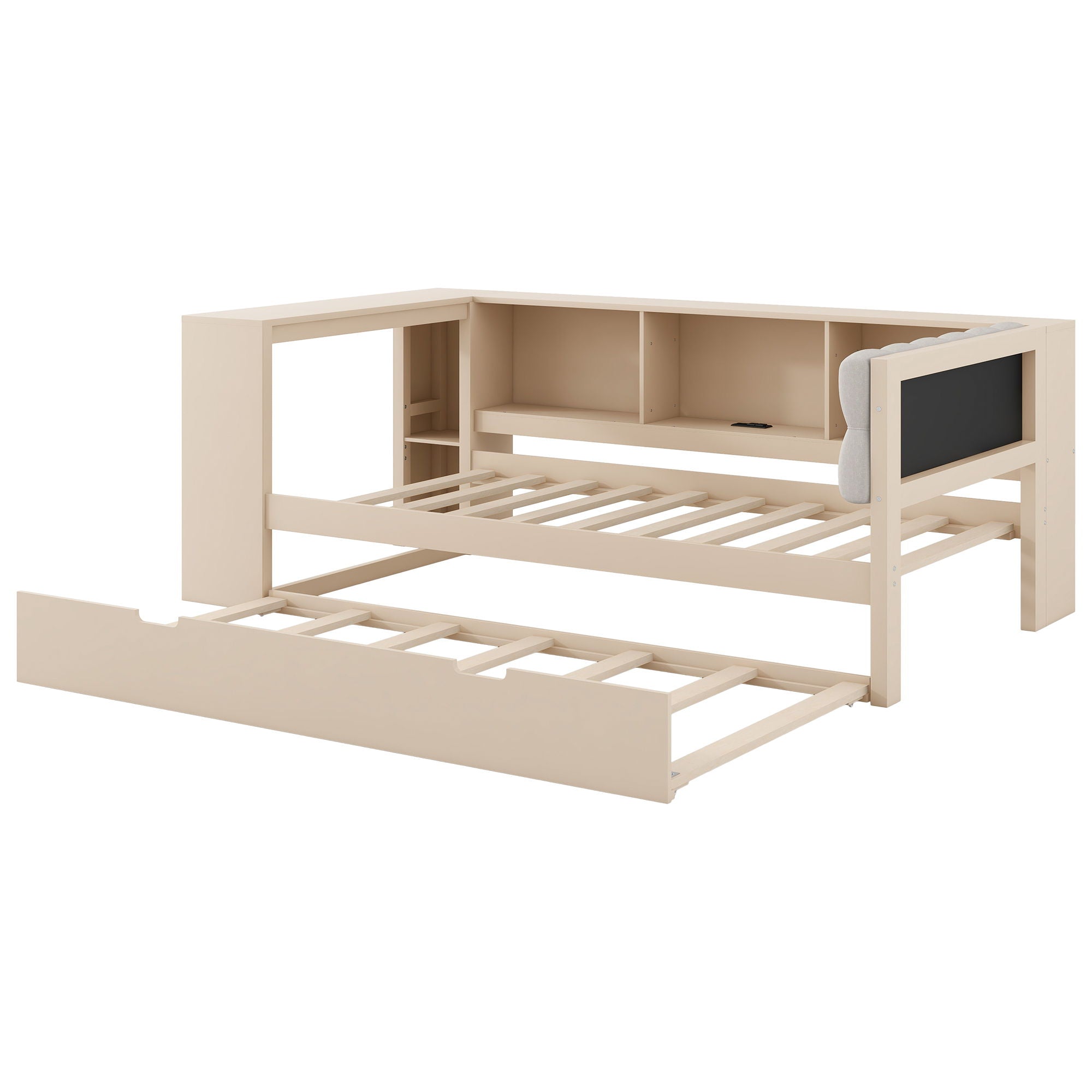 Upholstered Headboard Platform Bed With Storage Shelves, Trundle, Charging Station