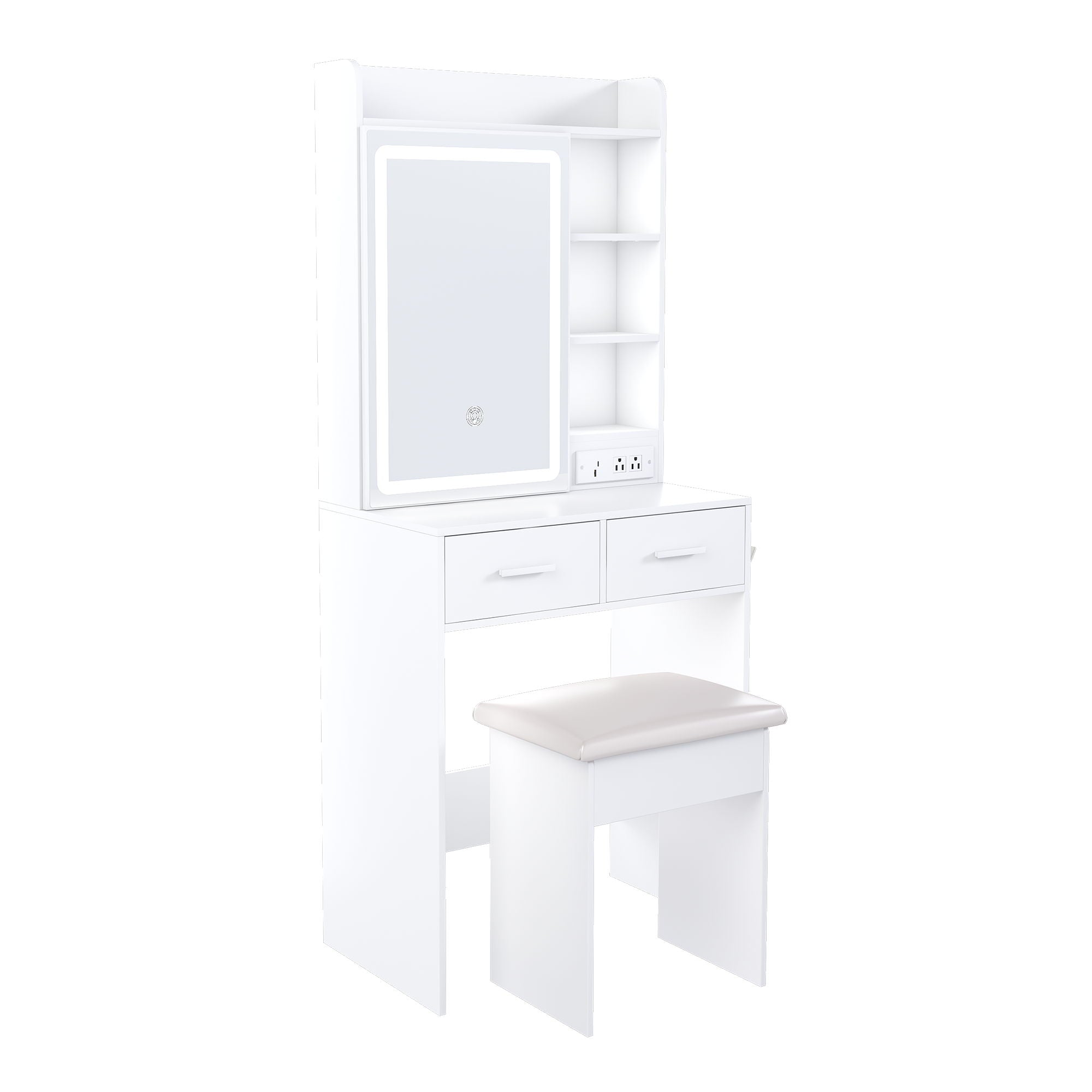 Space Saving Makeup Vanity Desk With Mirror & Adjustable Led Lights, Built-In Power Outlet, Hidden Storage, Includes Stool & Shelf - White