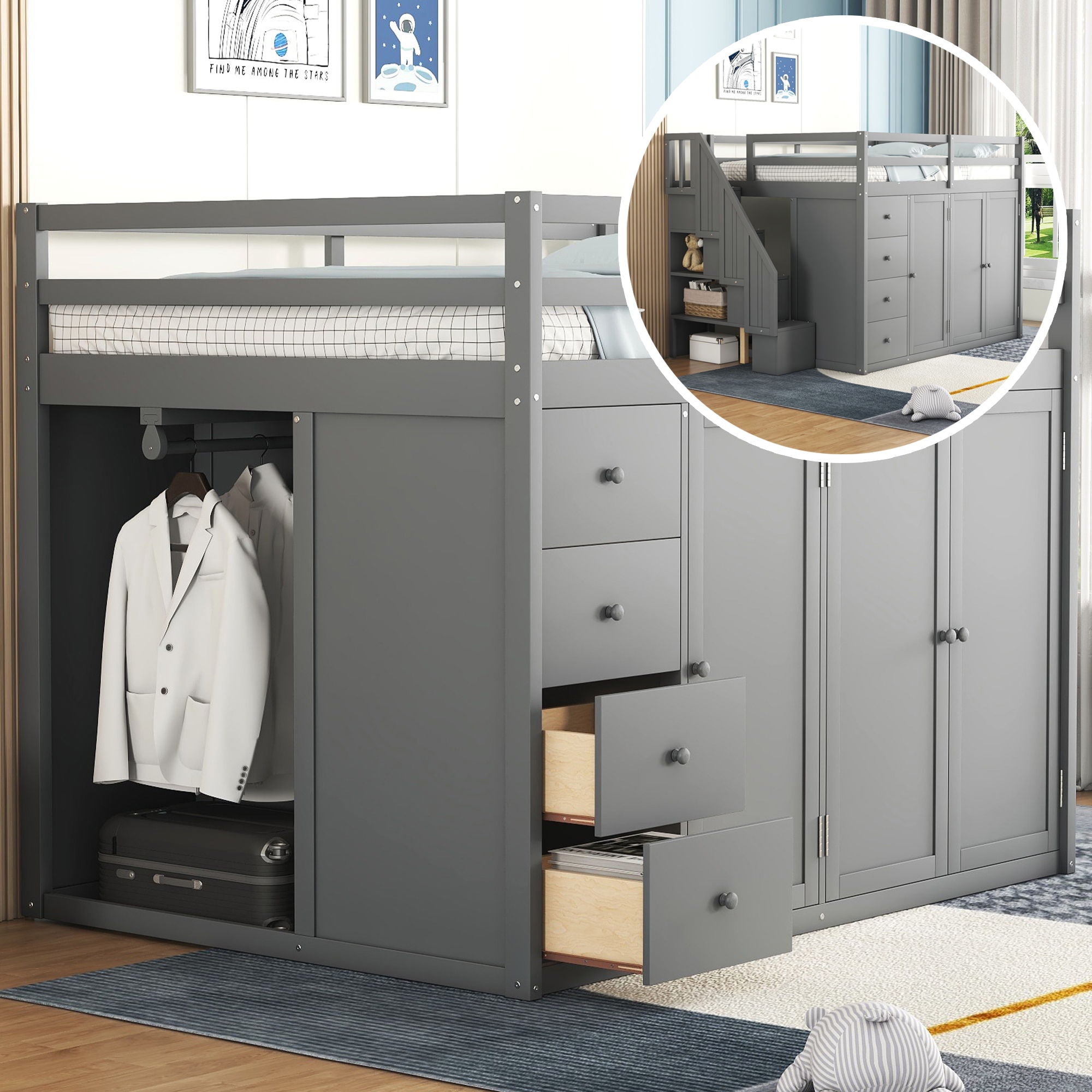 Loft Bed With Built In Wardrobes, Cabinets And Drawers