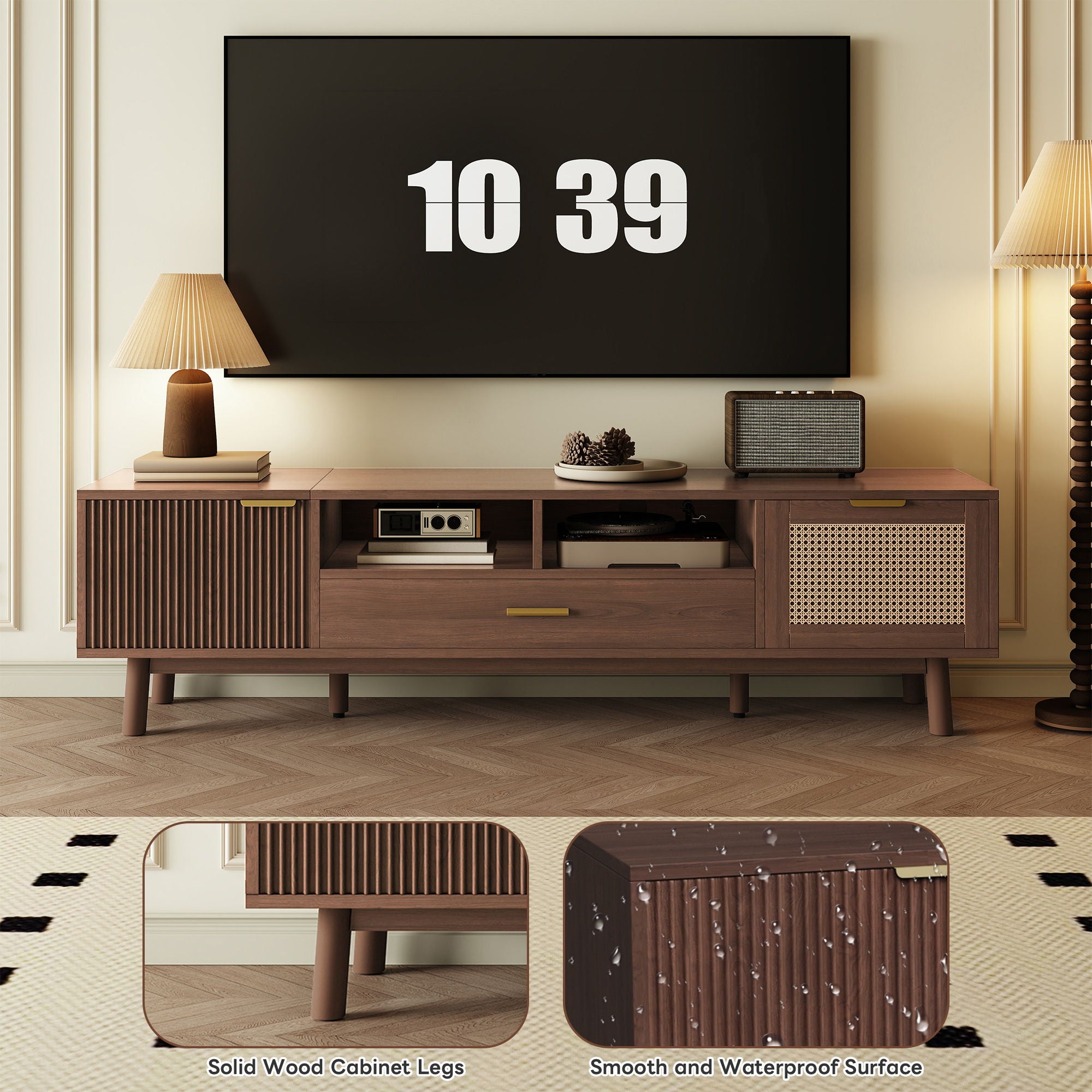 TV Stand For 75" TVs With Soft Closing Doors, Console With Accents And Drop Down Cabinet - Dark Brown