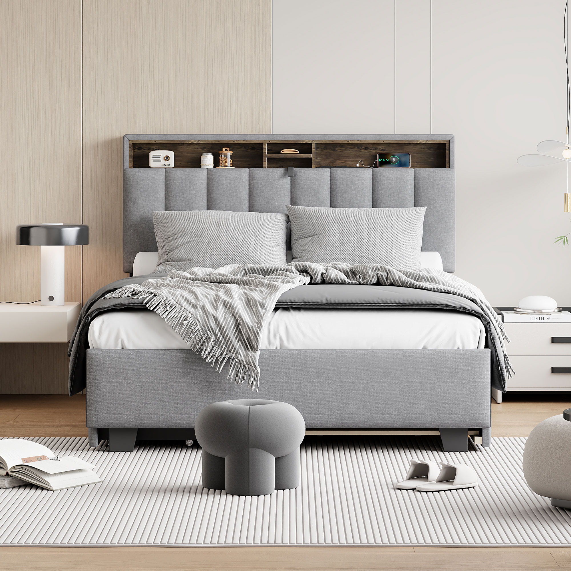 Upholstered Platform Bed With Storage Headboard, Trundle & 2 Drawers And A Set Of Sockets & USB Ports