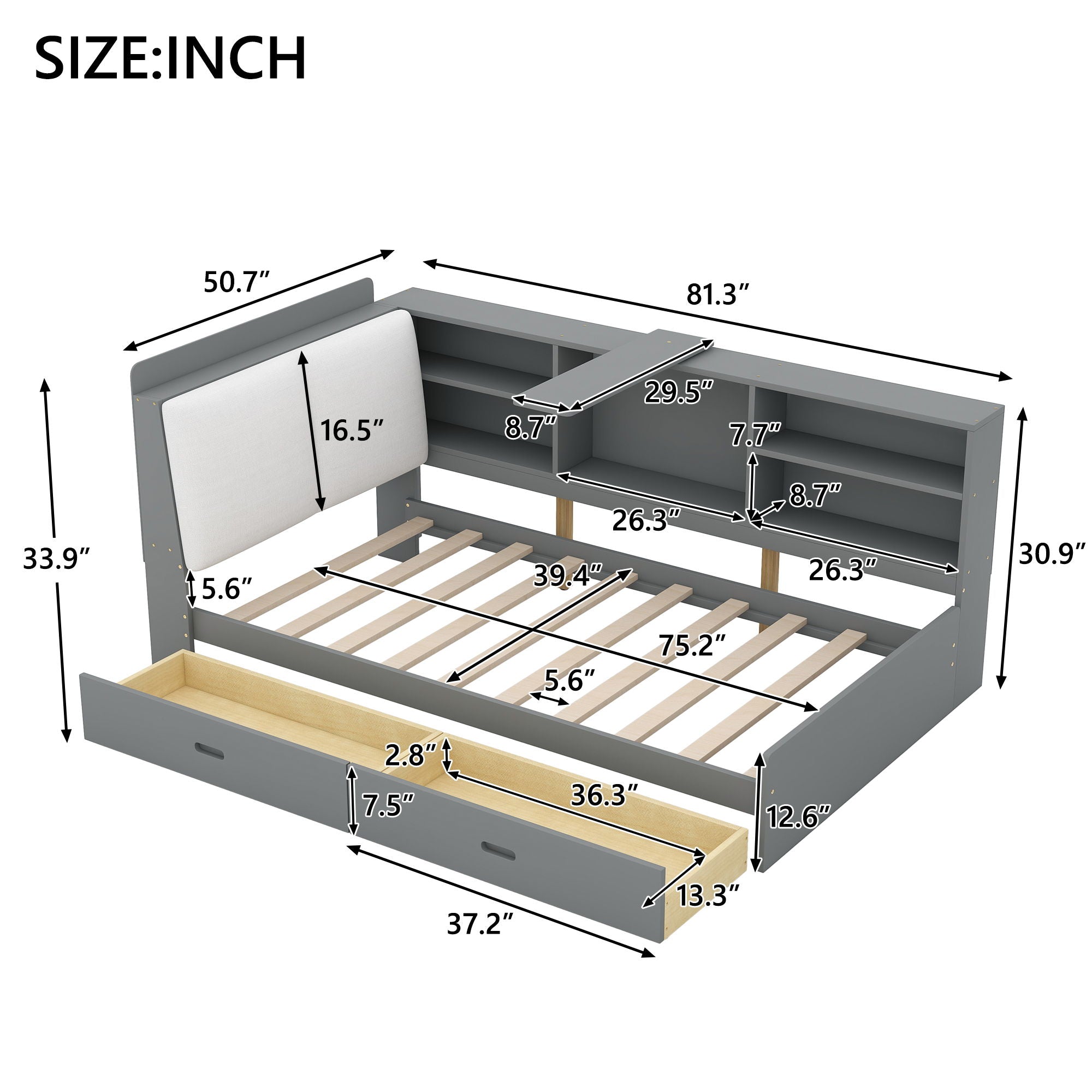 Platform Bed With Storage Headboard, Shelves And 2 Drawers