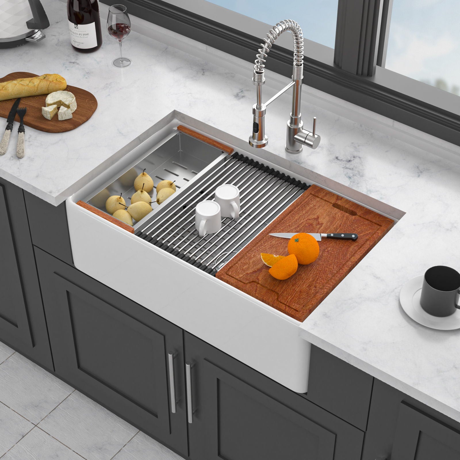 Kitchen Sink Workstation 33" Single Bowl Sink With Work Surface - White