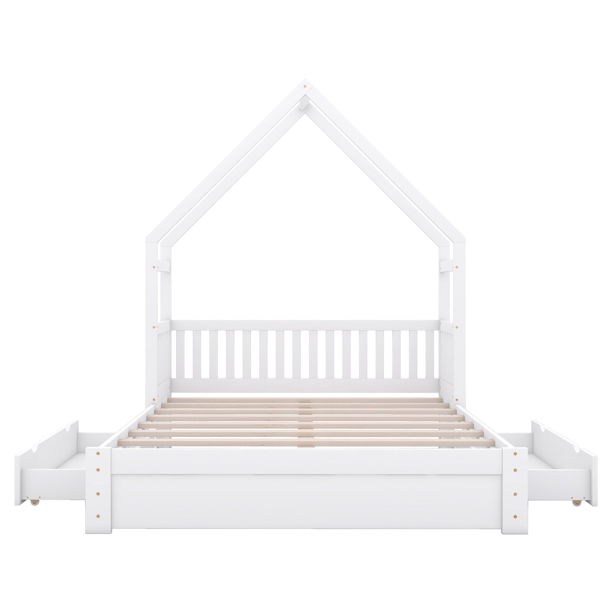 House Style Platform Bed With Guardrail And 2 Drawers