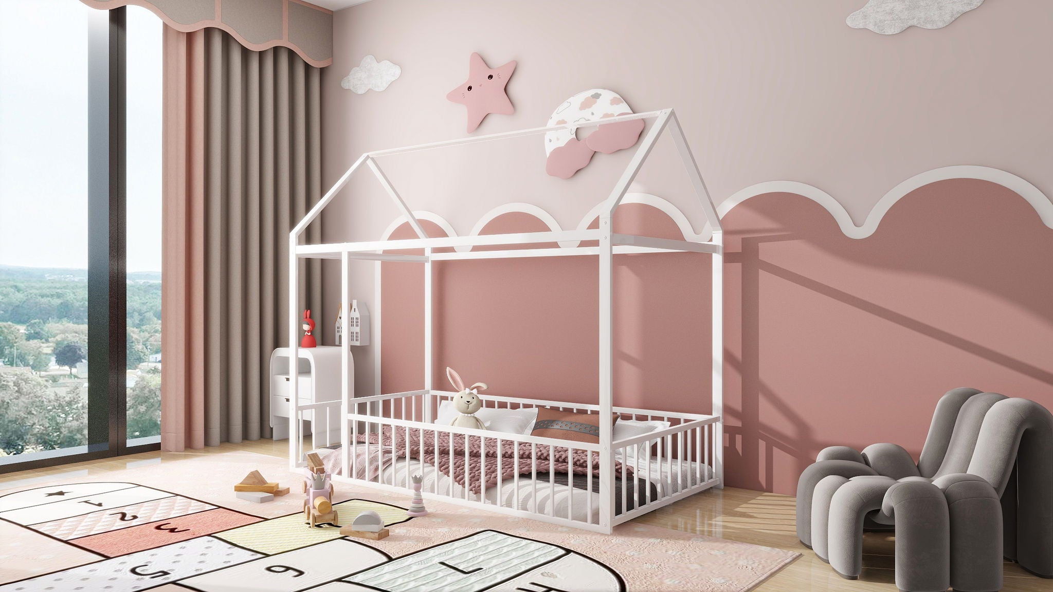 Metal Bed House Bed Frame With Fence