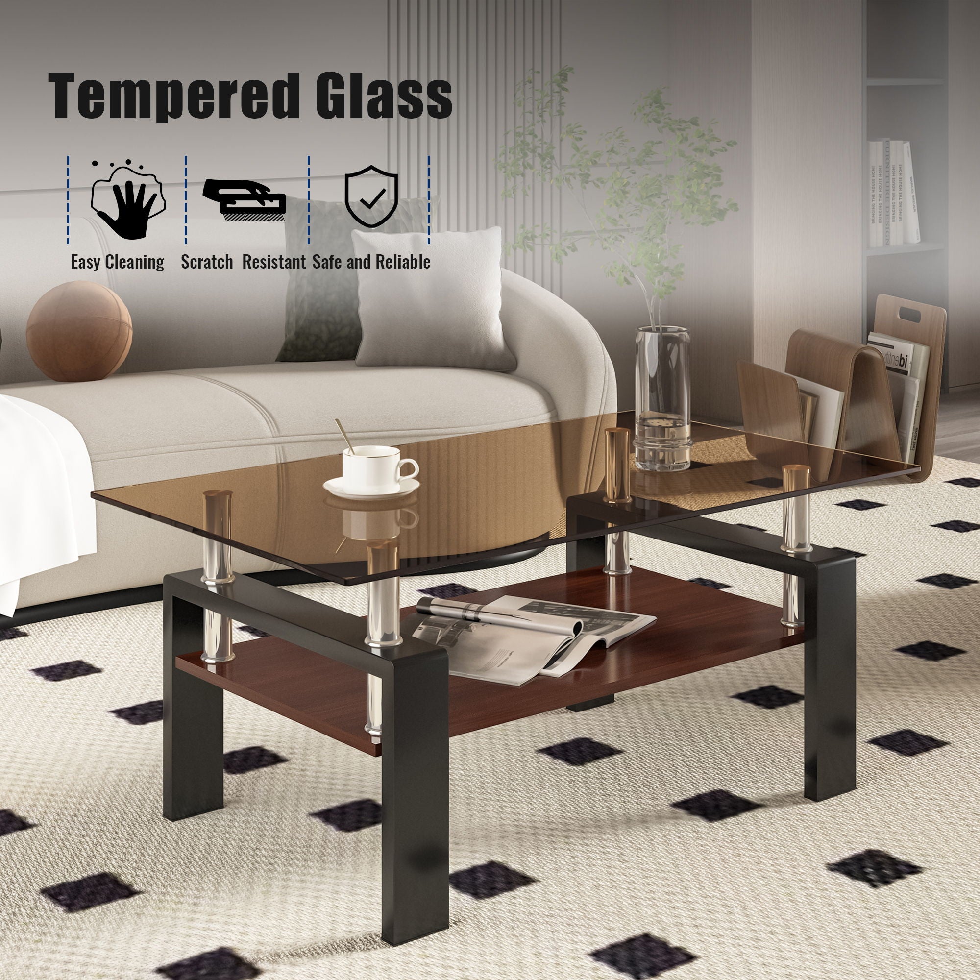 Modern Rectangular Coffee Table With Tempered Glass Top