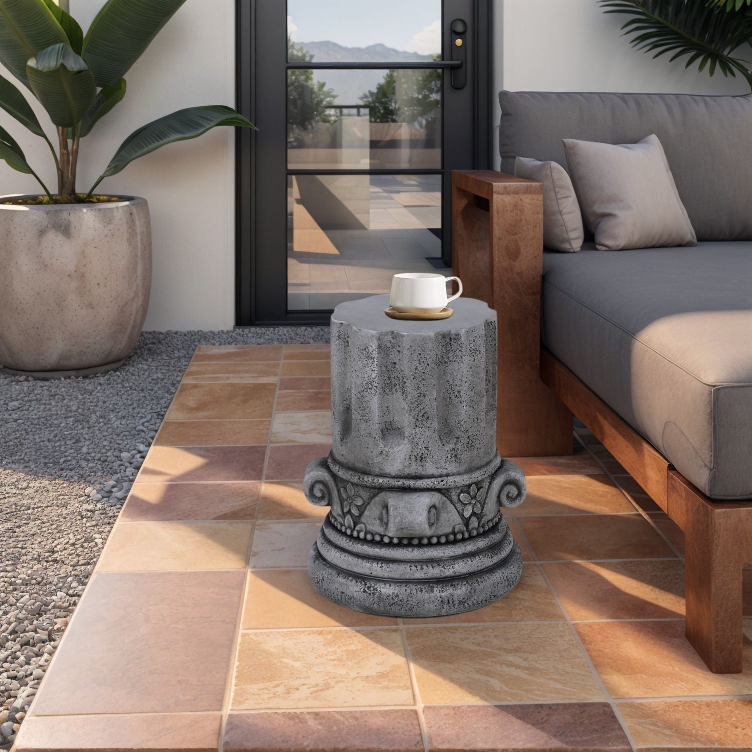 Outdoor End Table, Round Side Table For Patio And Garden - Antique Gray