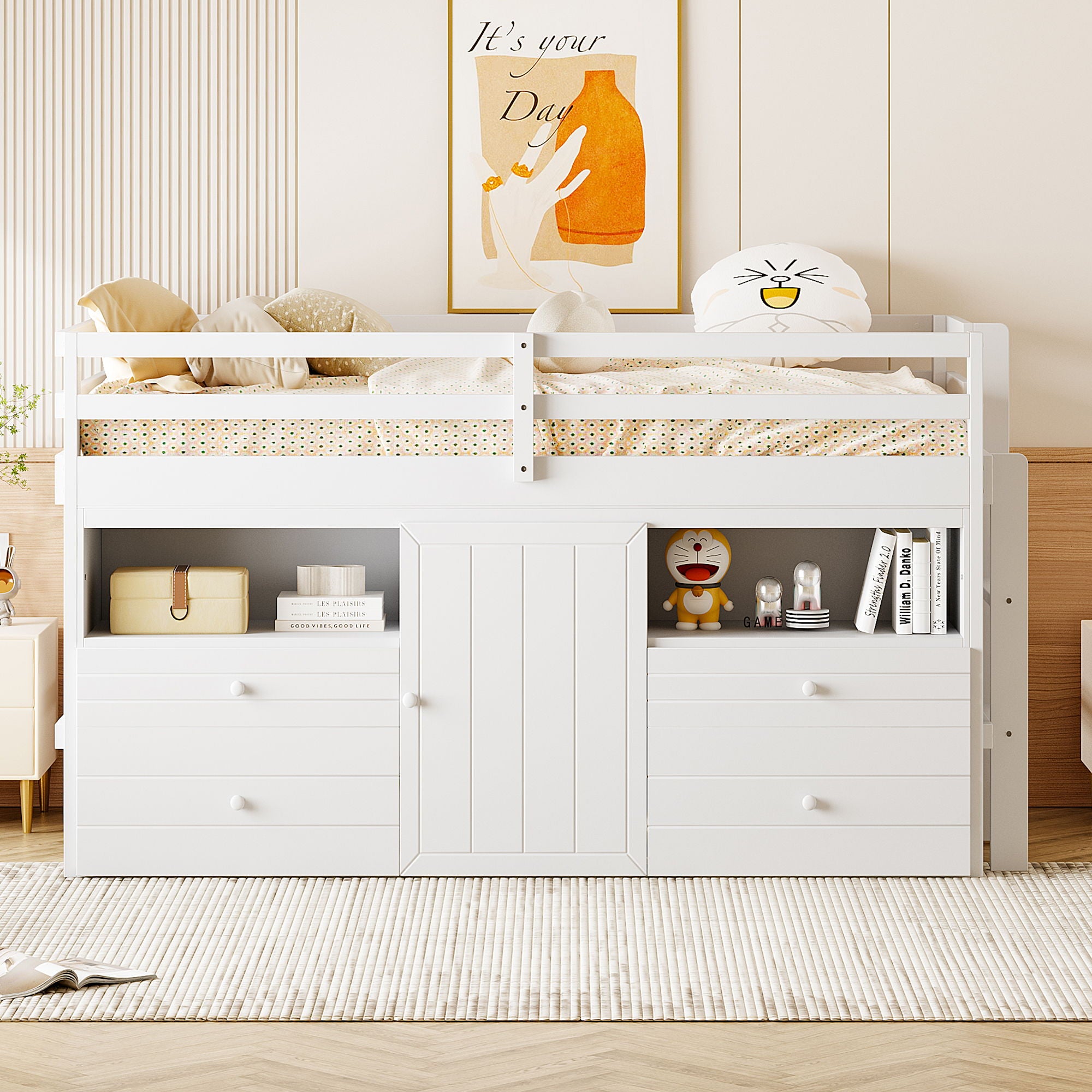 Loft Bed With 4 Drawers, Underneath Cabinet And Shelves