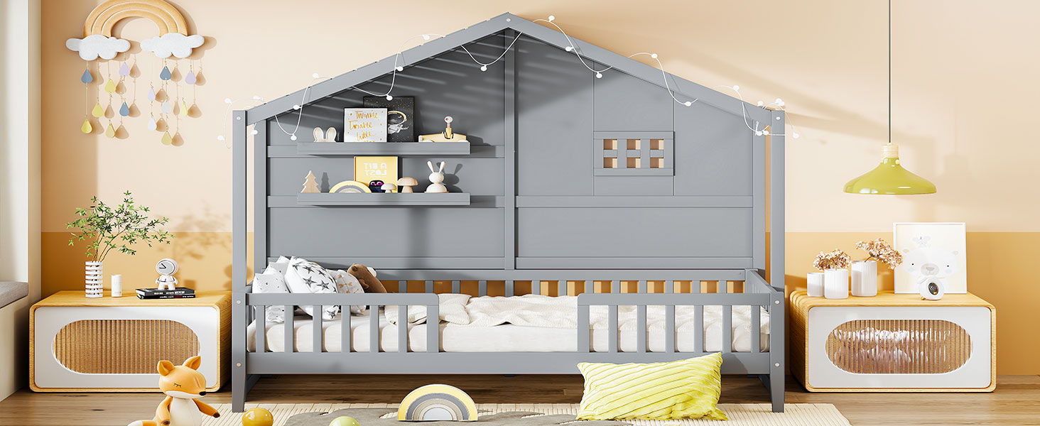House Bed With Shelves, Window And Sparkling Light Strip On The Roof