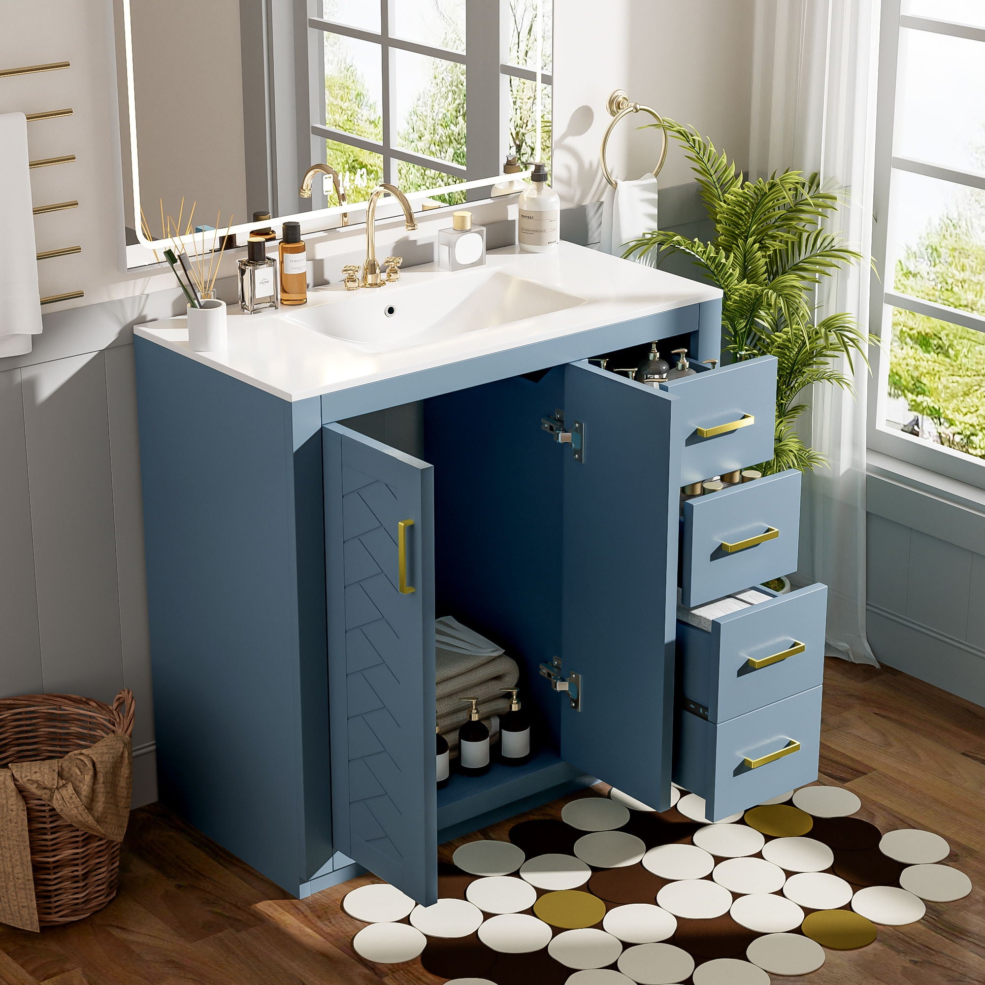 Bathroom Vanity With Sink, Storage Cabinet, Freestanding Set With 3 Drawers & Soft Closing Doors - Indigo