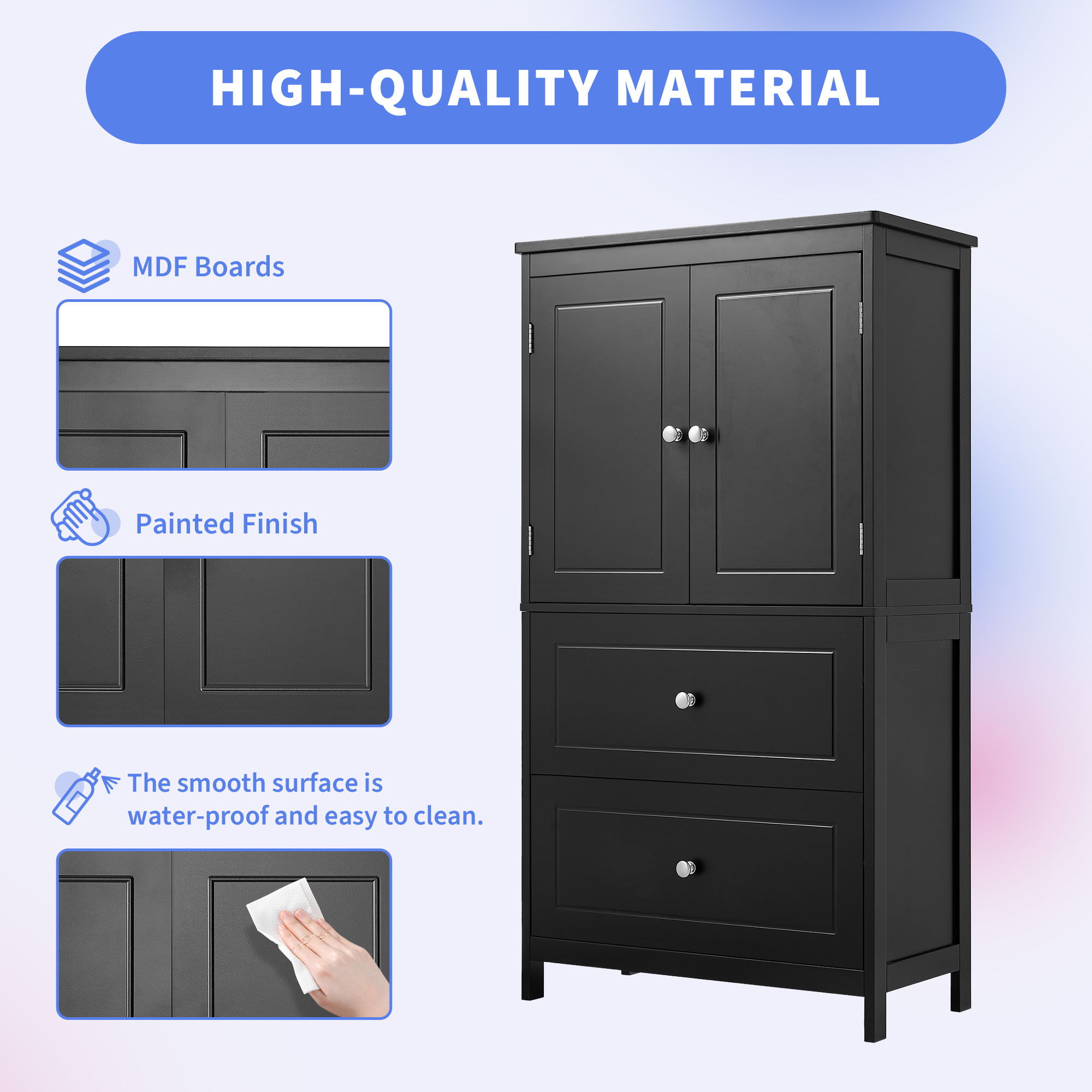 Bathroom Storage Cabinet With 2 Doors And Drawers, Adjustable Shelf