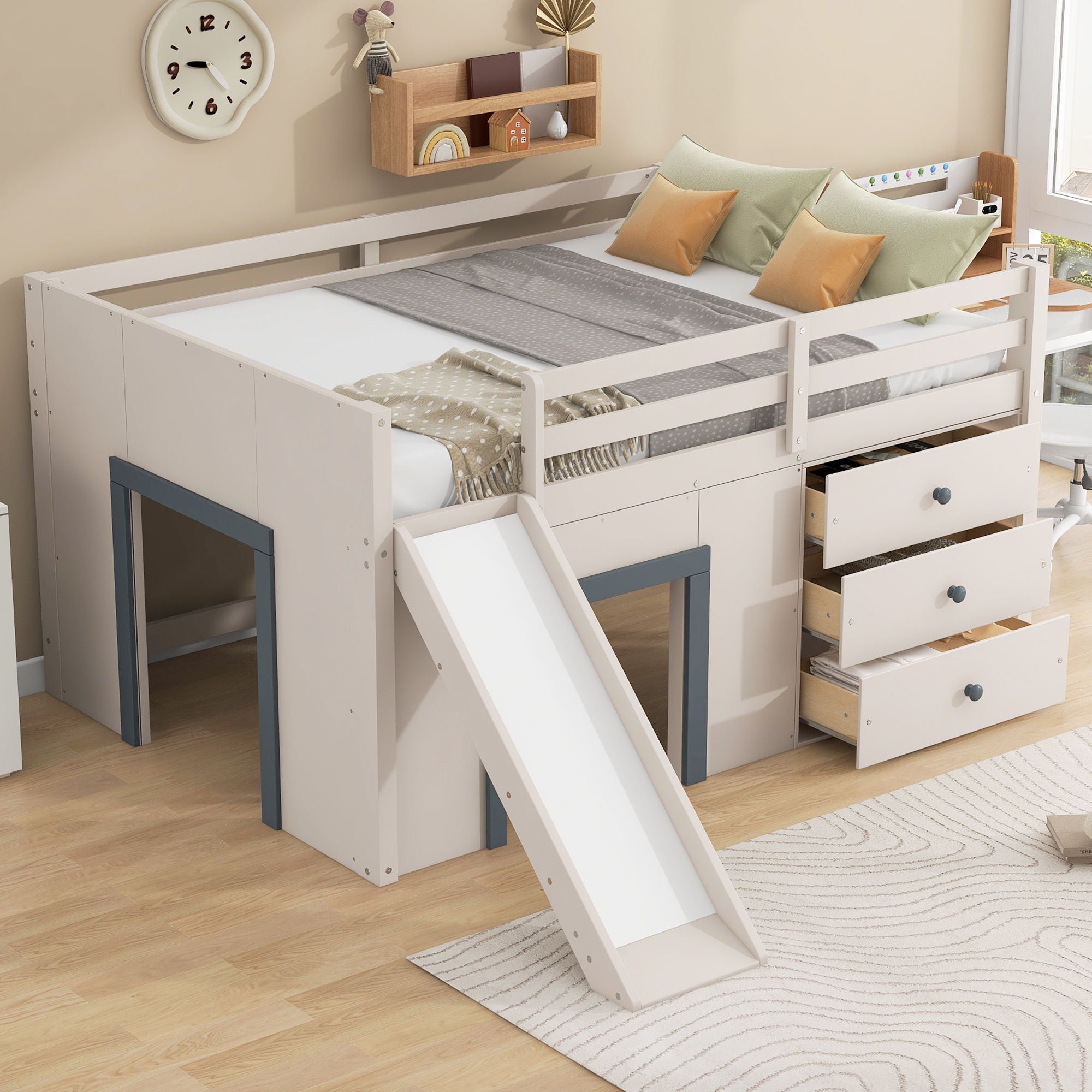 Modern Low Loft Bed With Slide, 3 Storage Drawers, And 2 Doors