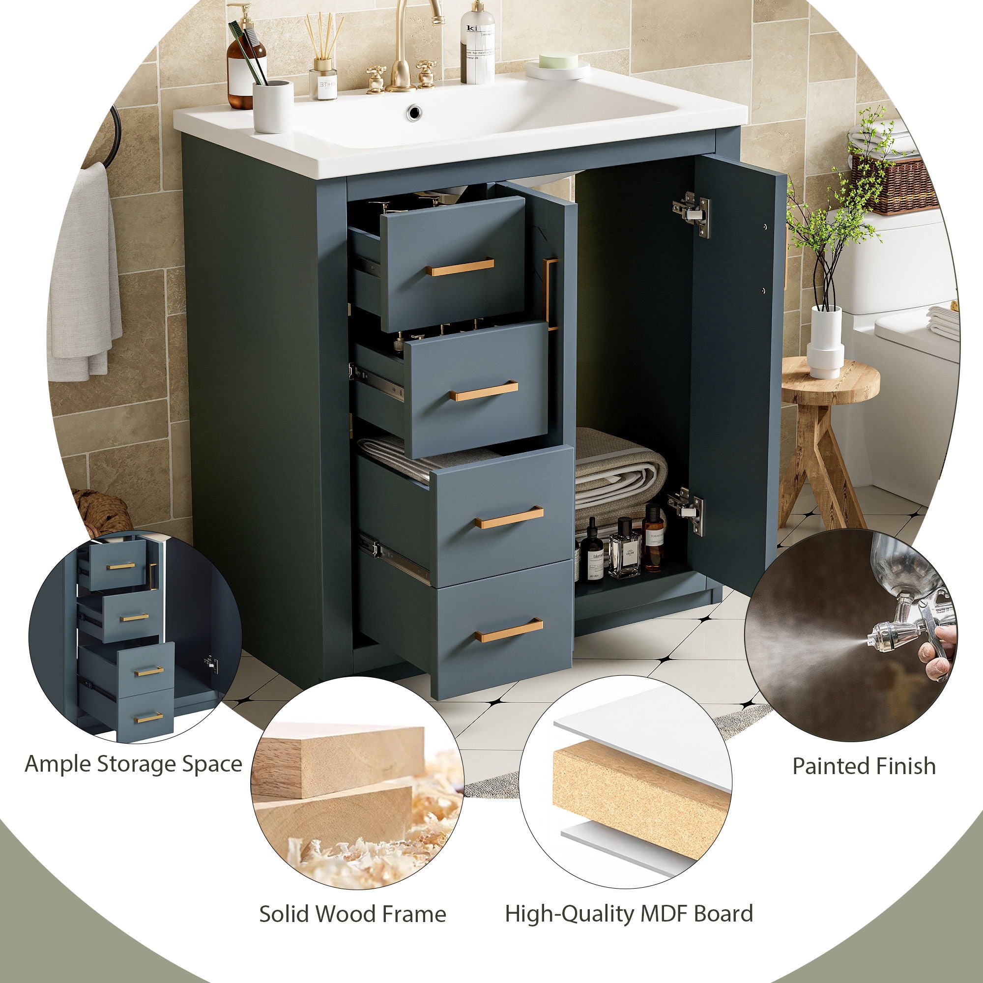 Ceramic Sink Combo, Freestanding Vanity Set With 3 Drawers & Soft Closing Doors