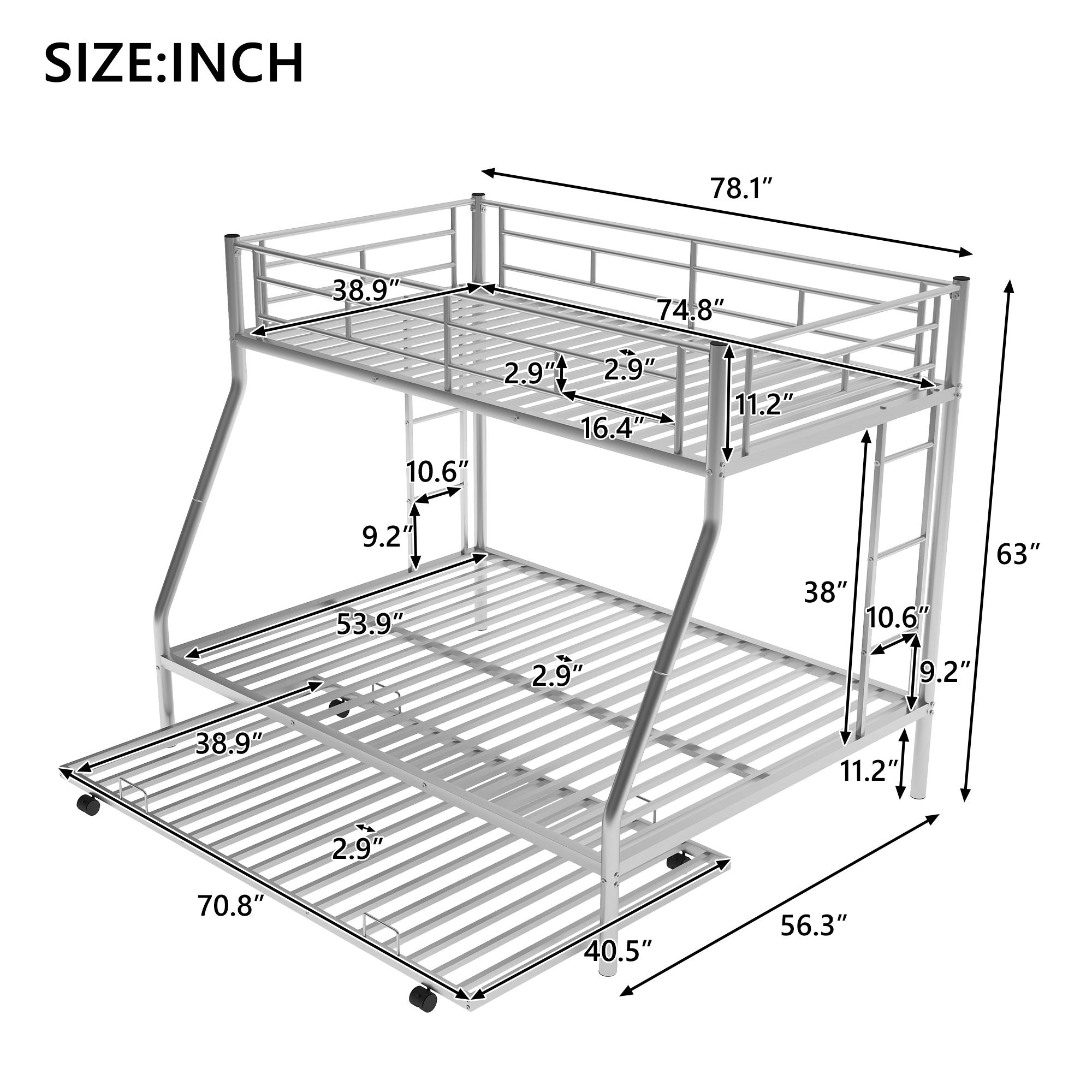Bunk Bed With Steel Frame And Trundle, 2 Side Ladders