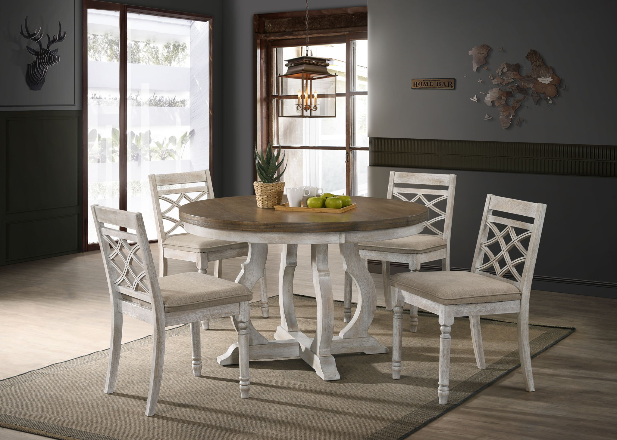 Havanna - 5 Piece Wide Round Dining Table With Off White Chairs (Set of 5) - Vintage Walnut