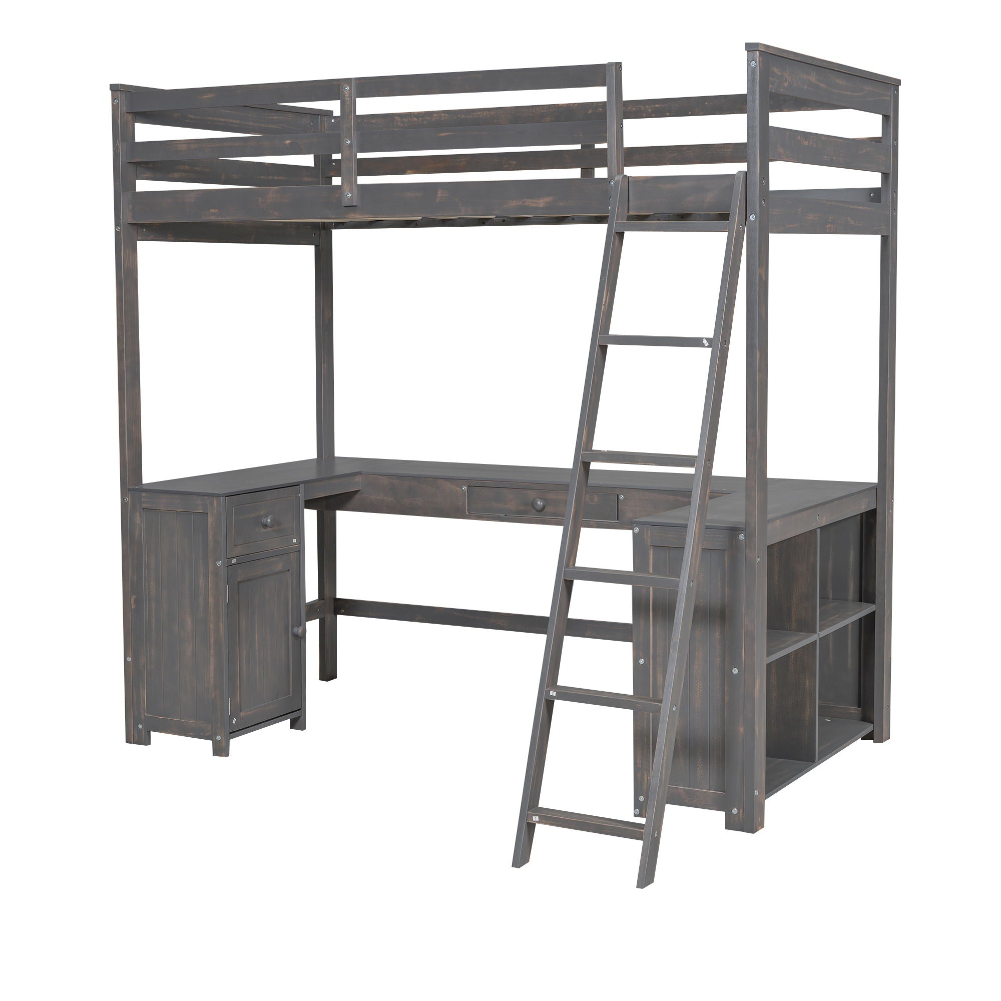 Loft Bed With U-Shaped Desk, Drawers, And Storage Shelves
