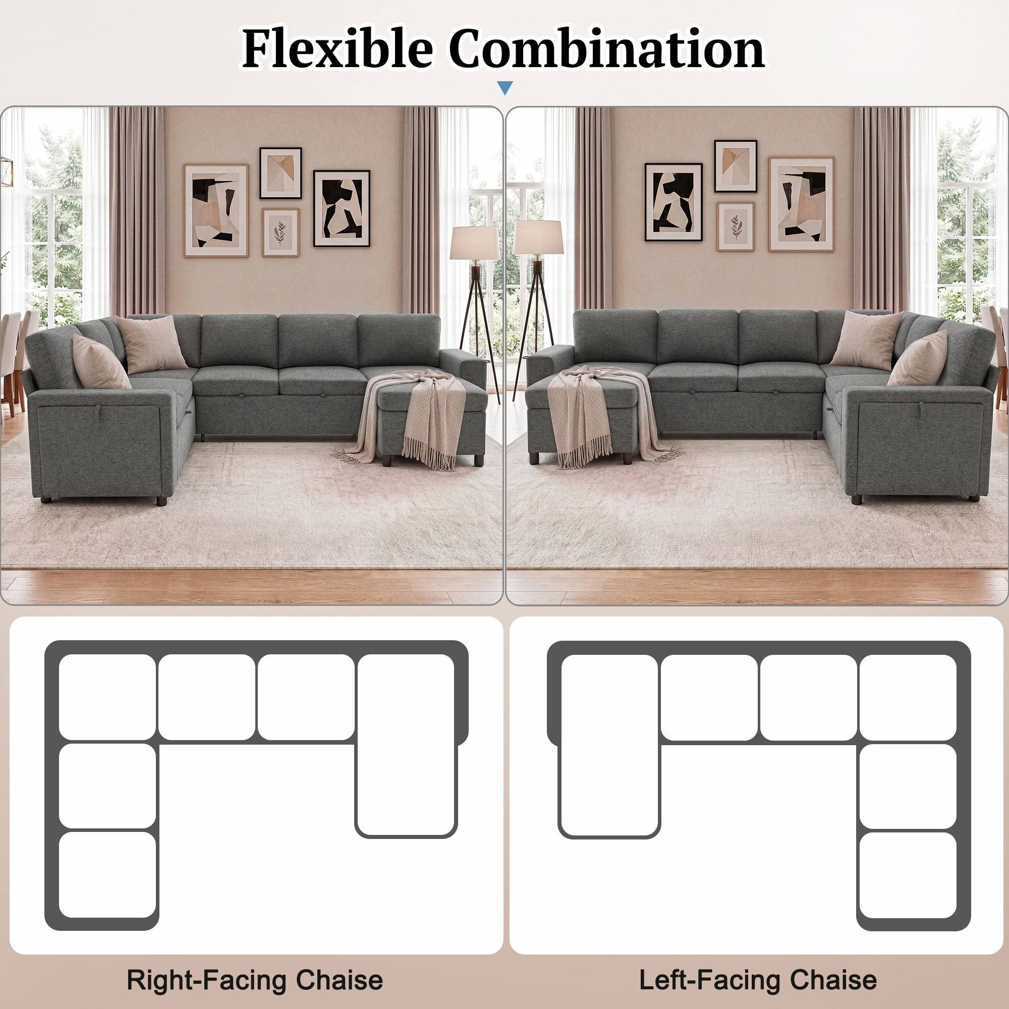 U - Shaped Convertible Sectional Sofa Bed With Storage, USB Charger & Cup Holders