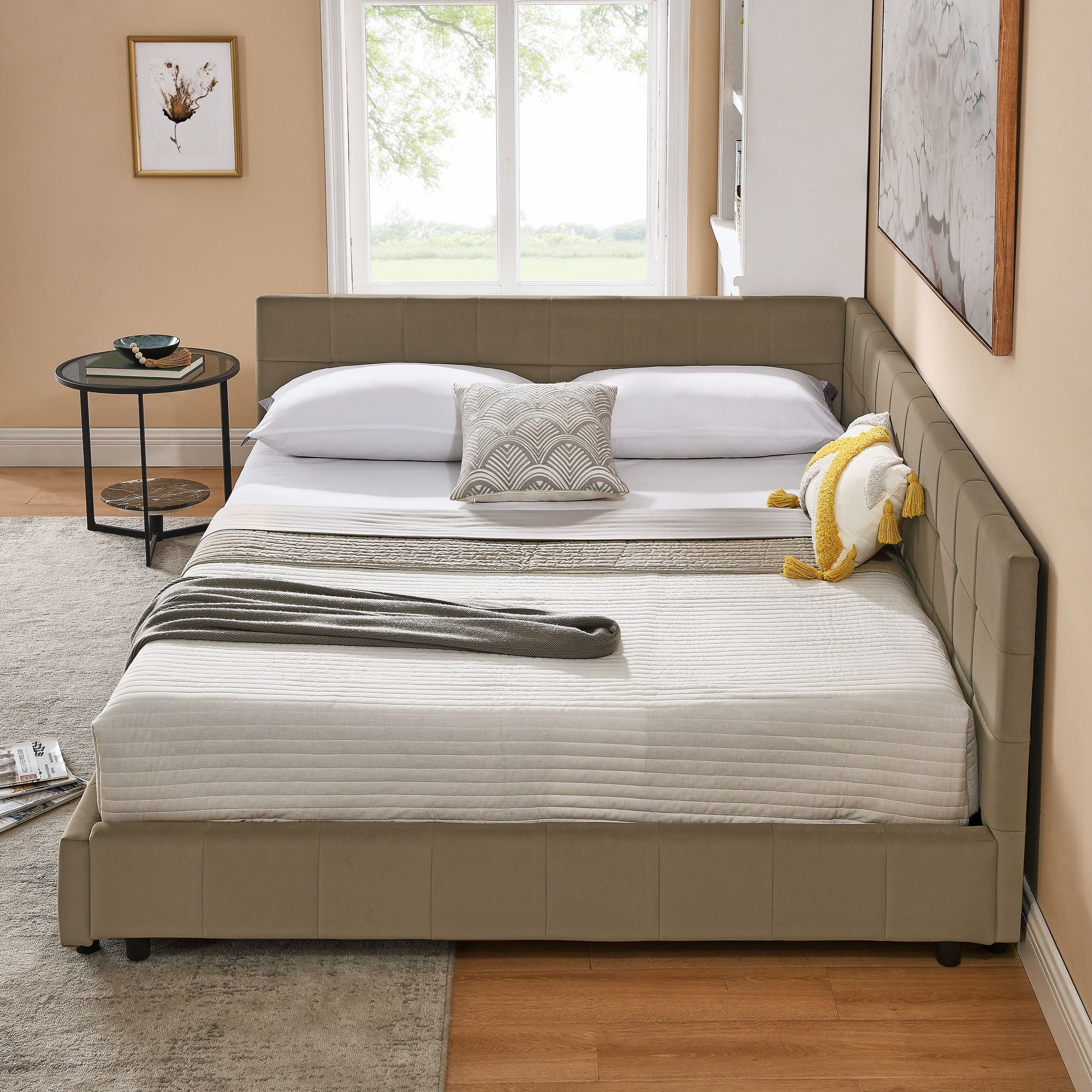 Mid-Century Storage Upholstered Tufted Bed Frame With Backrest And Armrests