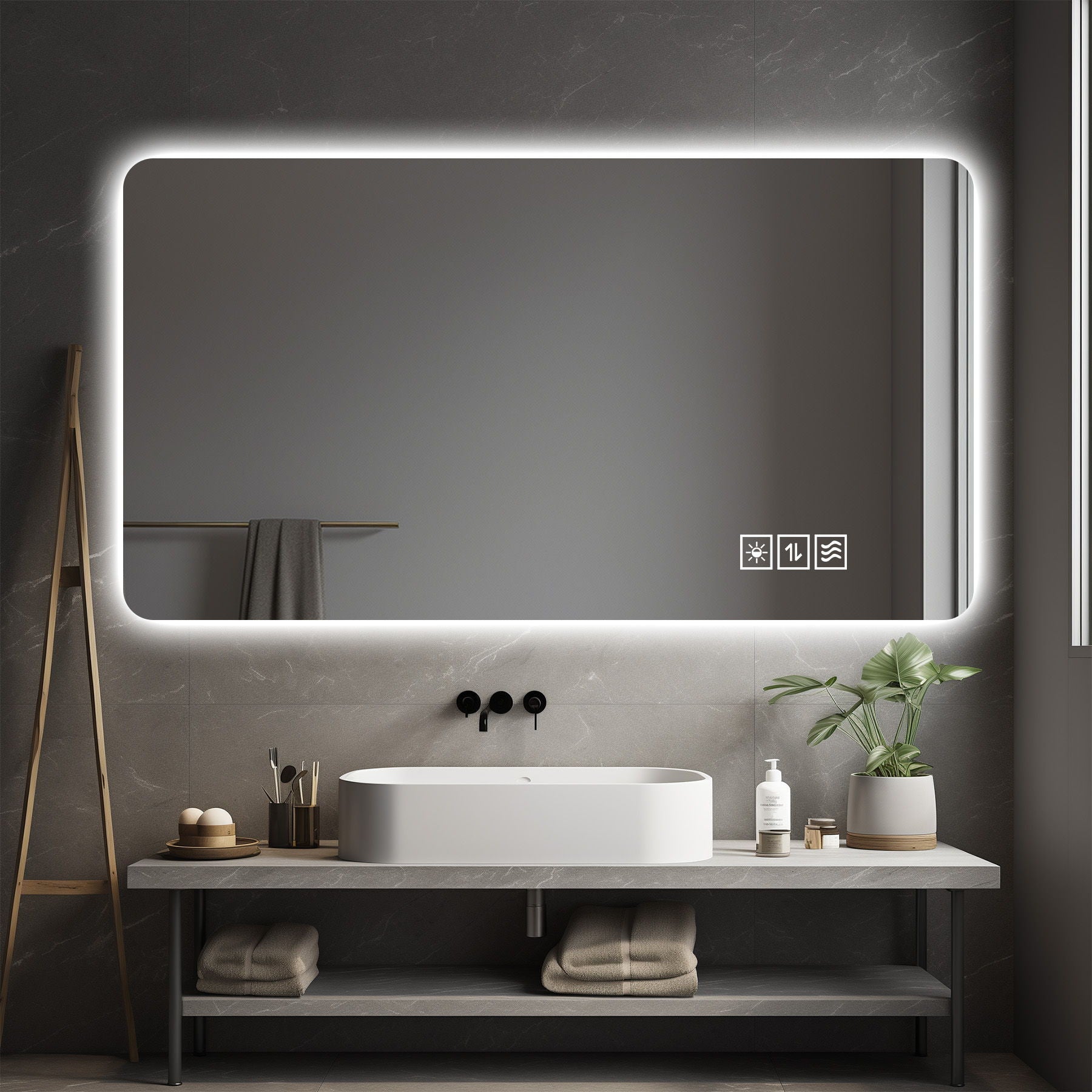 Wall Mounted LED Lighting Mirror With 3 Color Lighting, Dimming, Waterproof, Anti Fog, Touch Switch - Silver