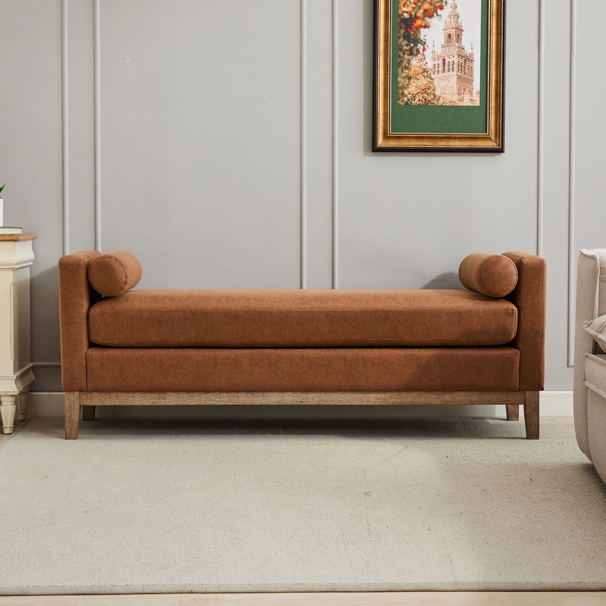 Elegant Upholstered Bench Daybed Ottoman With Bolster Pillows