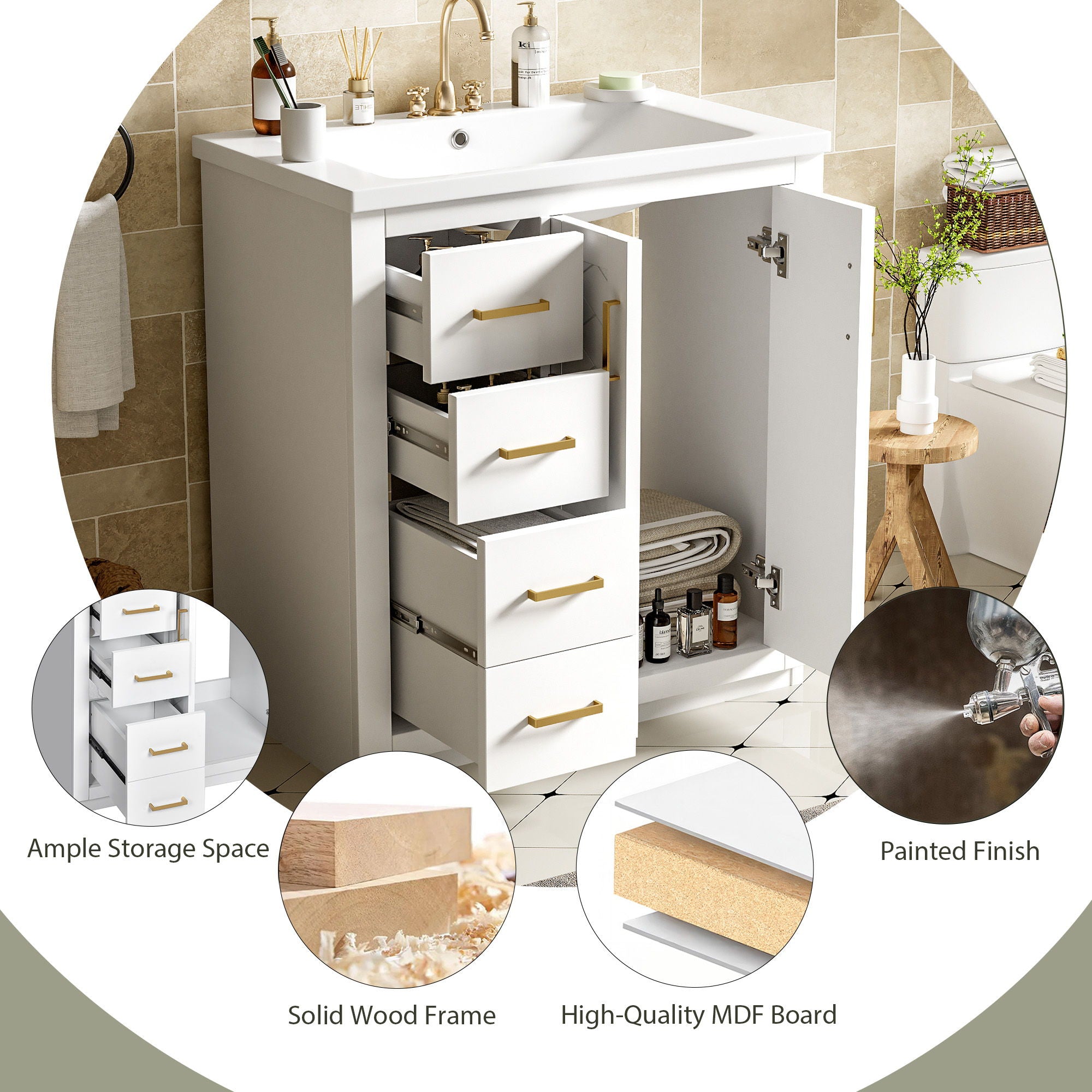 Ceramic Sink Combo, Freestanding Vanity Set With 3 Drawers & Soft Closing Doors