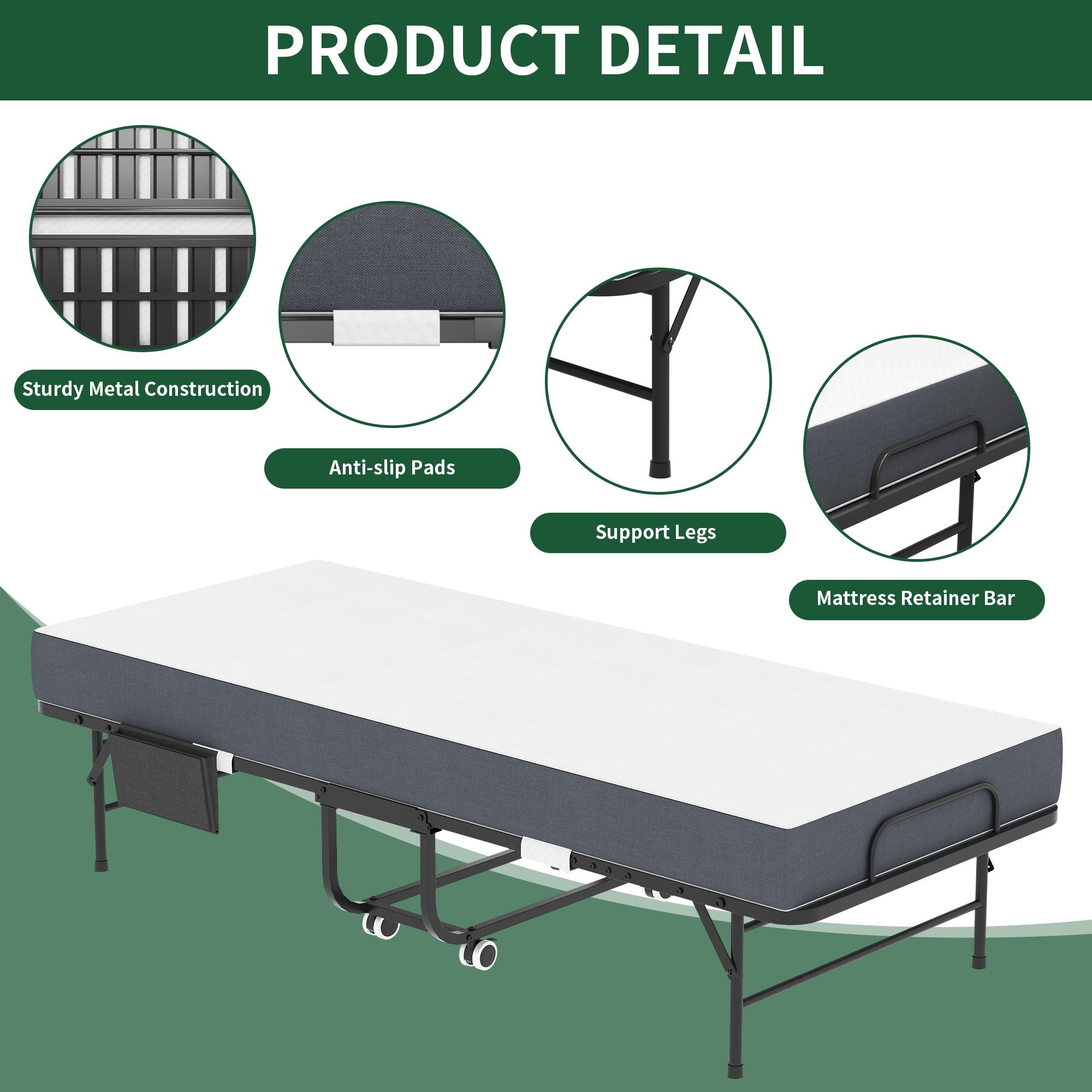 Twin Folding Bed With Memory Foam Mattress, Space Saving Rollaway Guest, On Wheels, Portable For Adults & Guests - Black