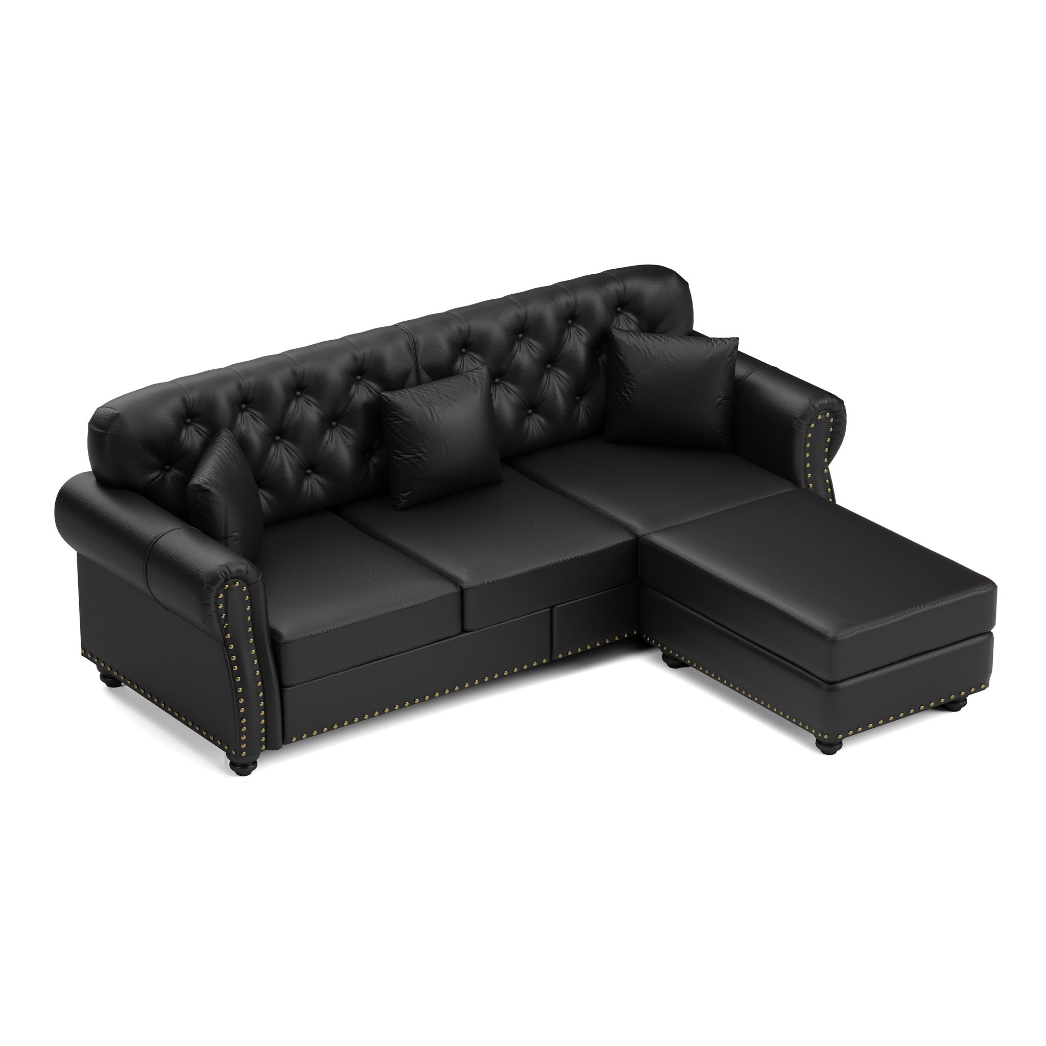 Upholstered Sofa With Nailhead Trim, Rolled Armrests With Ottoman