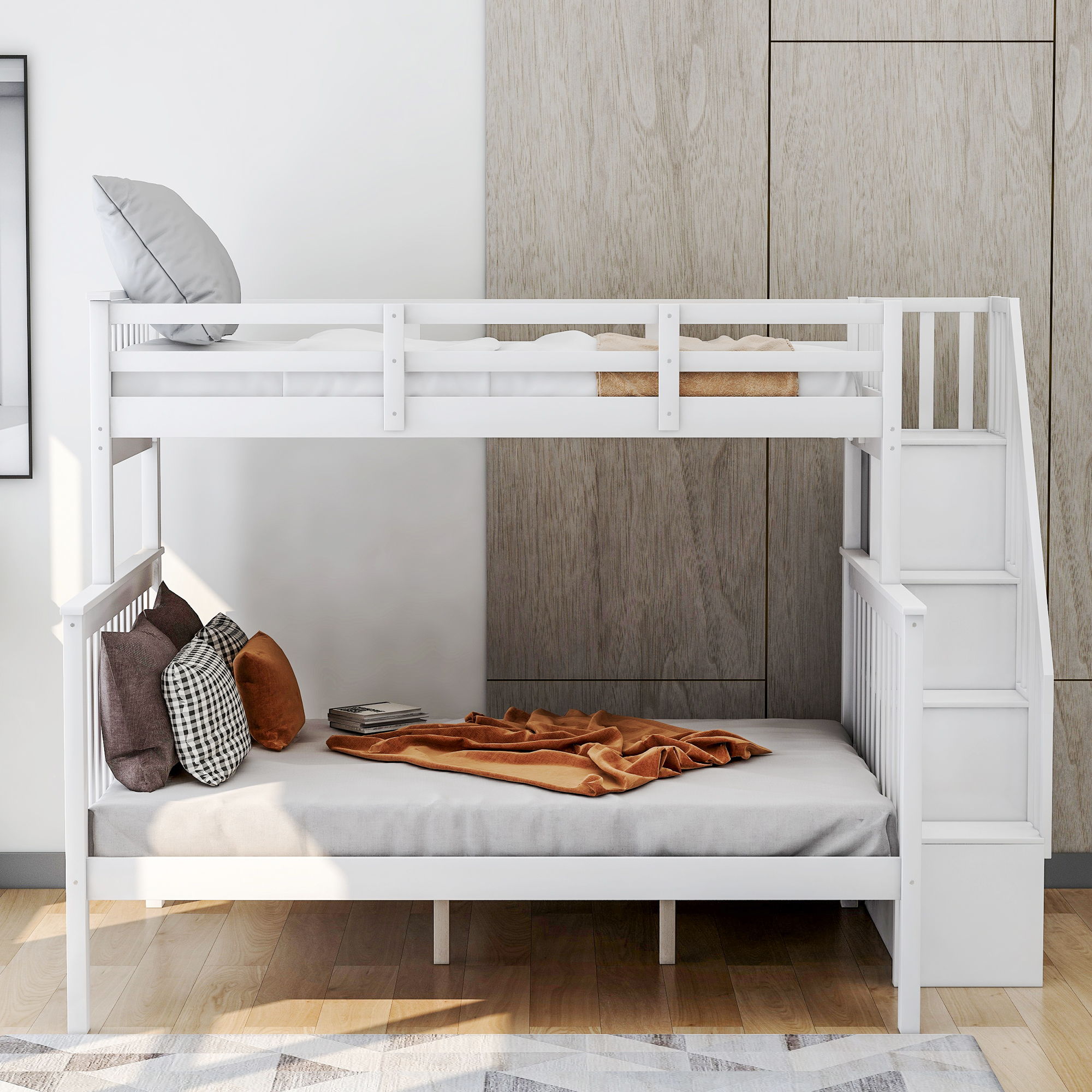 Stairway Bunk Bed With Storage And Guard Rail For Bedroom