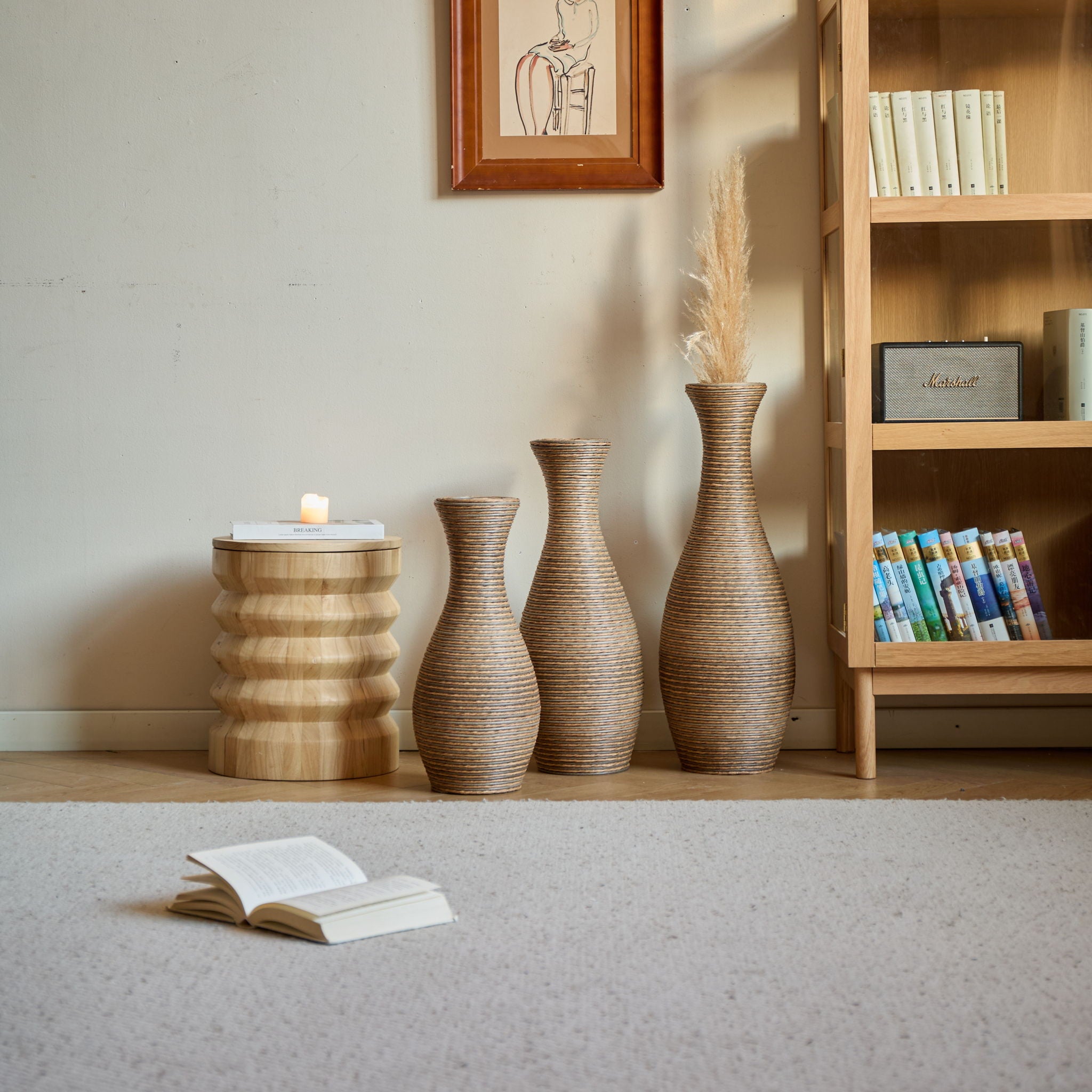 3 Piece Artificial Rattan Floor Vase Set Decorative Accent For Living Room, Hallway & Entryway, Ideal For Dried Or Silk Flower Arrangements - Beige