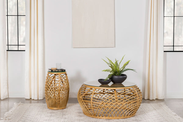 Dahlia  Round Rattan Coffee and End Table Set Natural