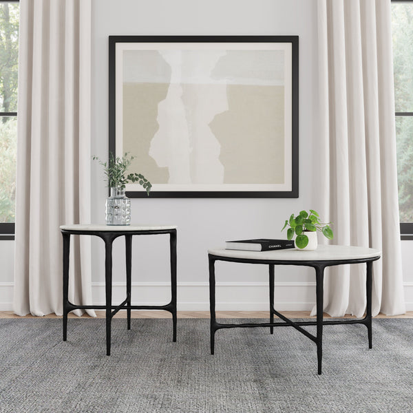 Hermas  Round Marble Coffee and End Table Set White