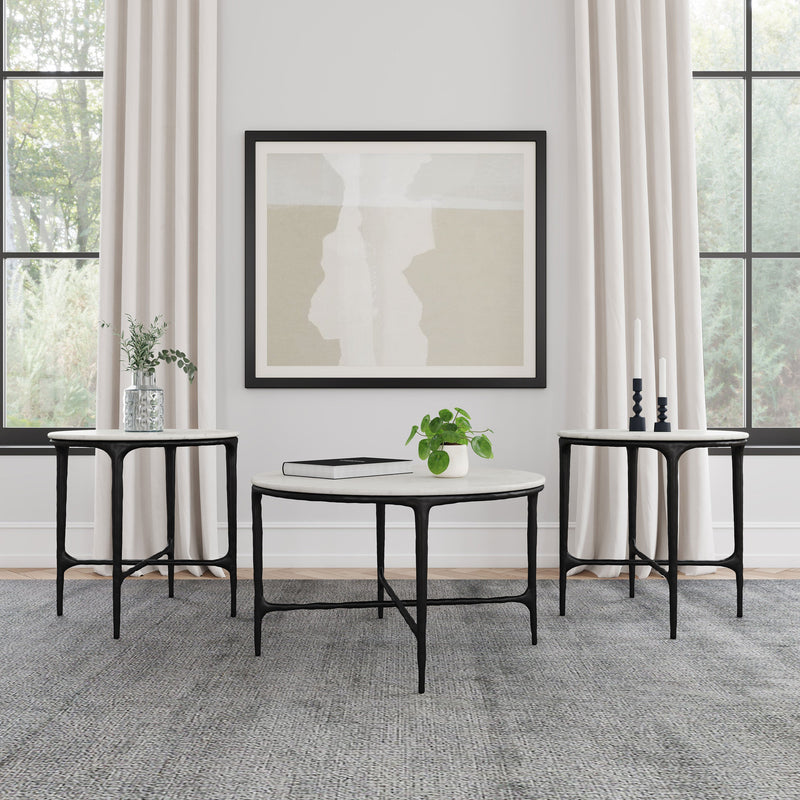 Hermas  Round Marble Coffee and End Table Set White