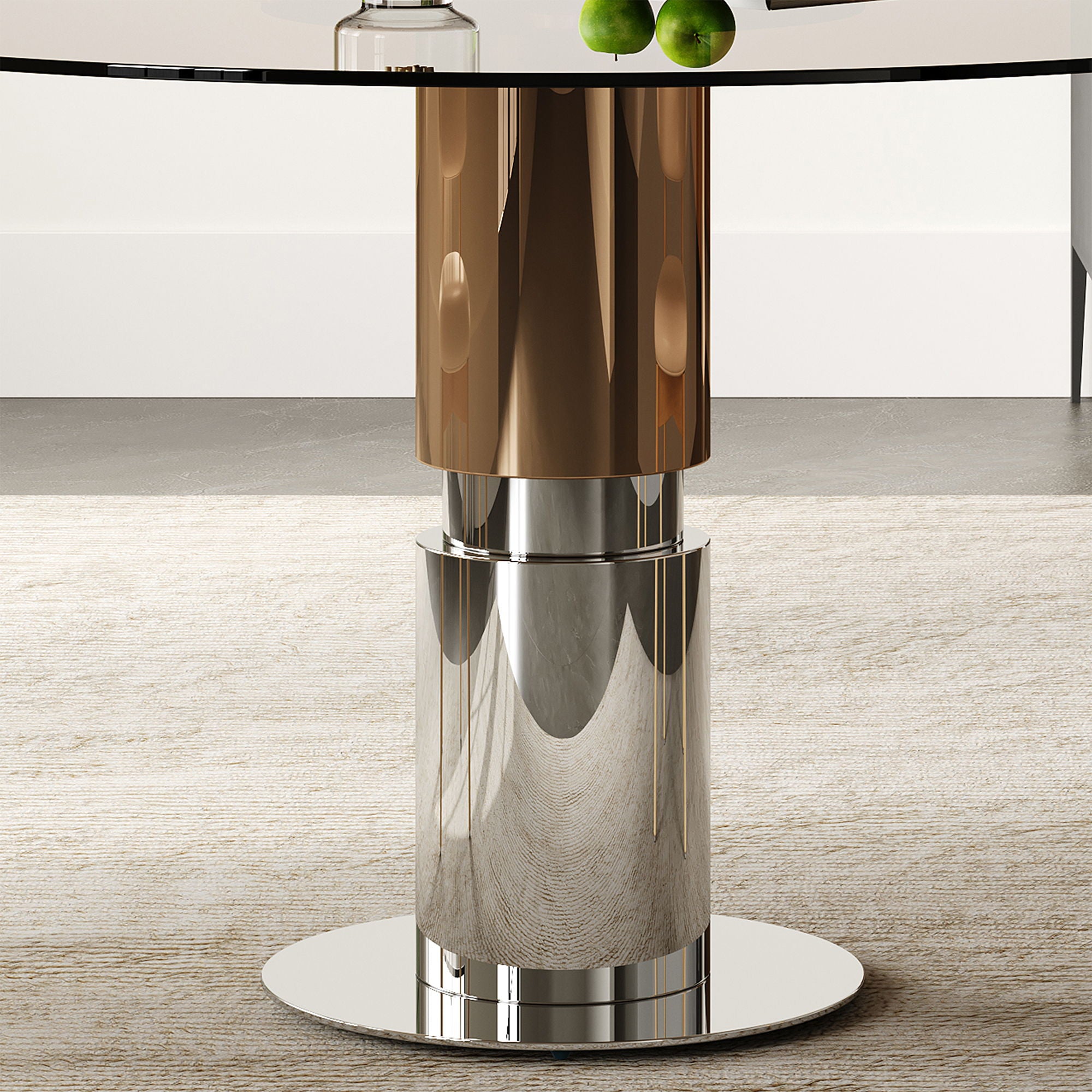 Round Dining Table & Tempered Glass Top - Brown