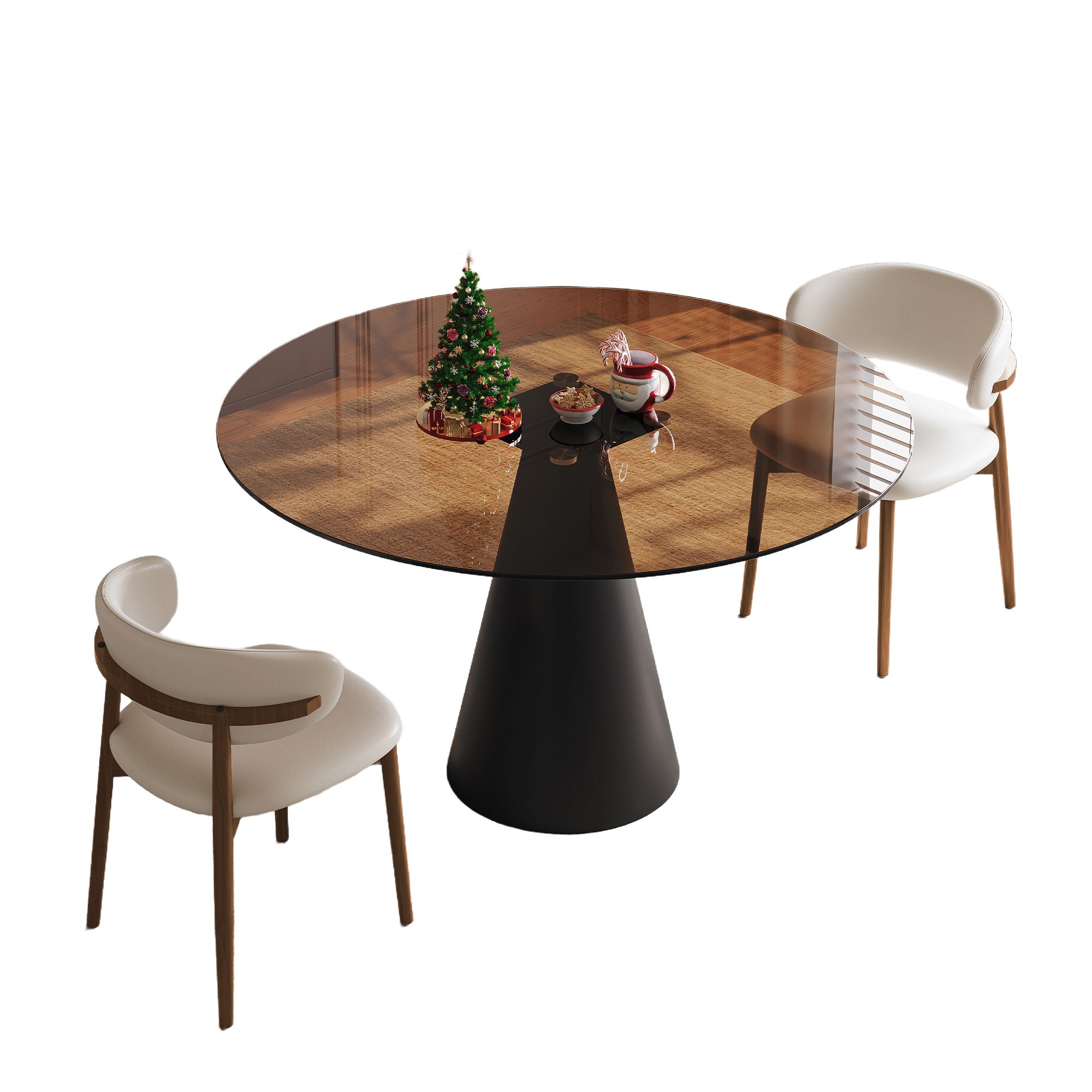 Round Dining Table & Glass Top - Black / Brown
