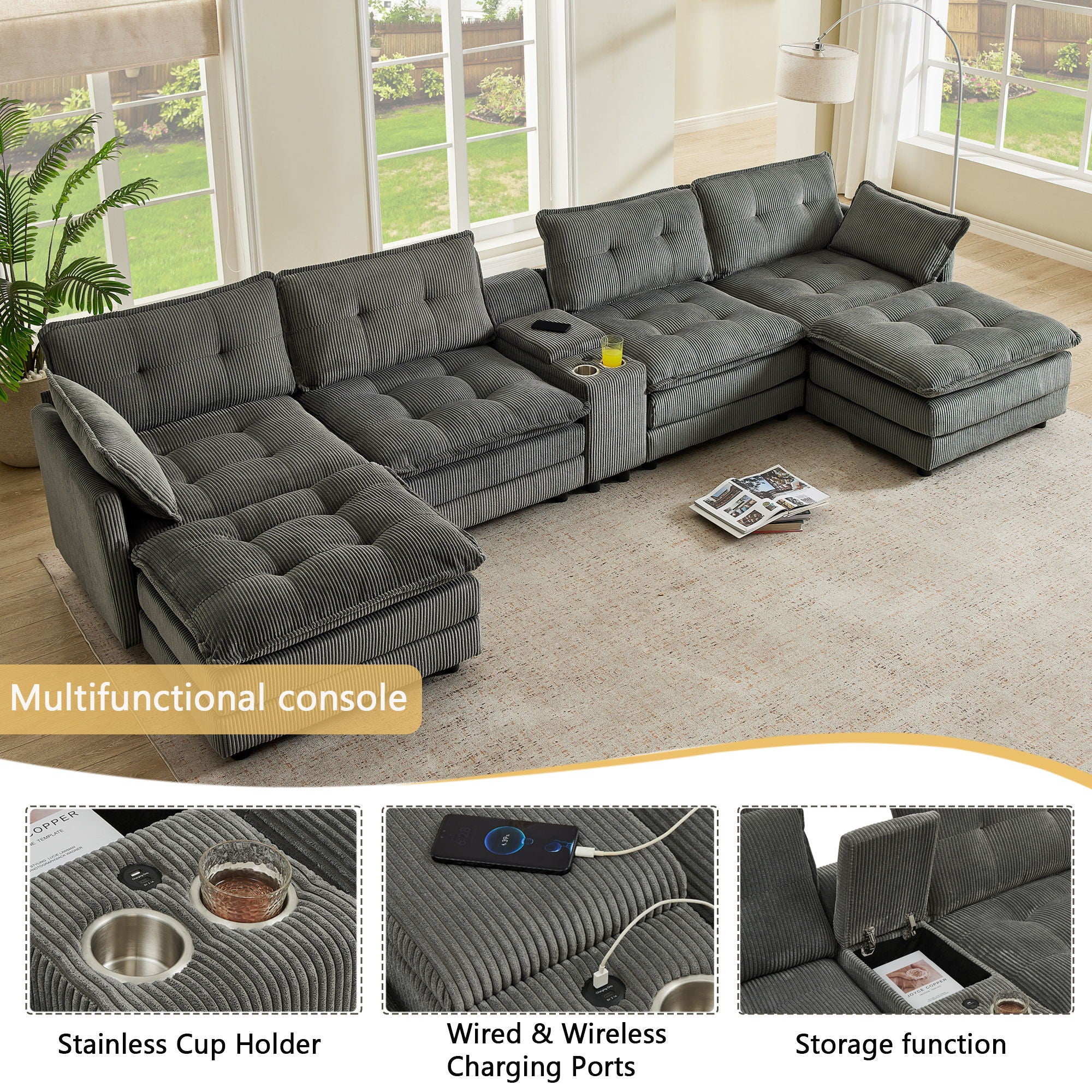 Oversized Modular Sectional Sofa With Multi Functional Console
