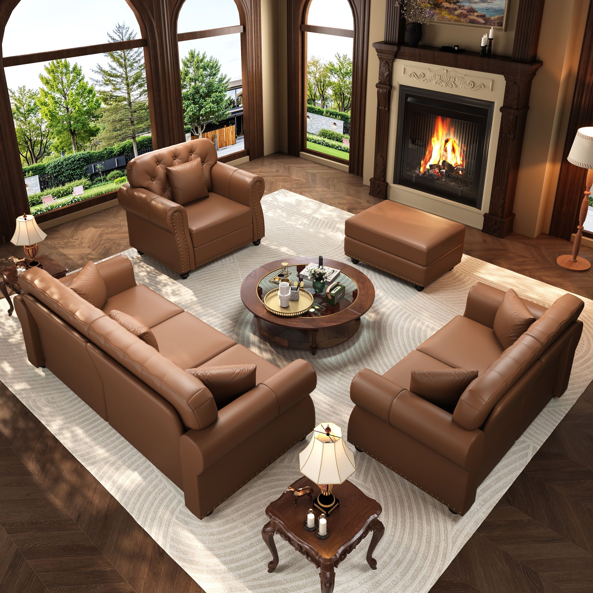 Upholstered Sofa With Nailhead Trim, Rolled Armrests With Ottoman