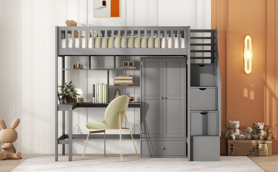 Loft Bed With Bookshelf, Drawers, Desk, And Wardrobe