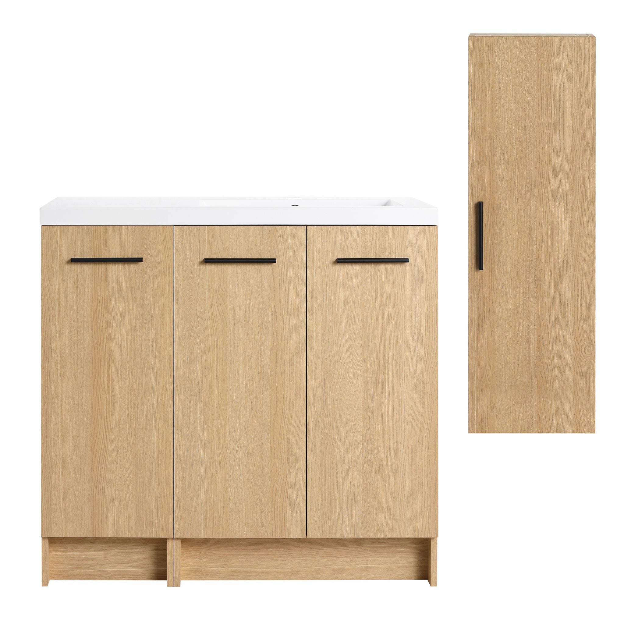 Freestanding Bathroom Vanity Set With Tall Linen Cabinet, 3 Door Storage Cabinet, Single Sink