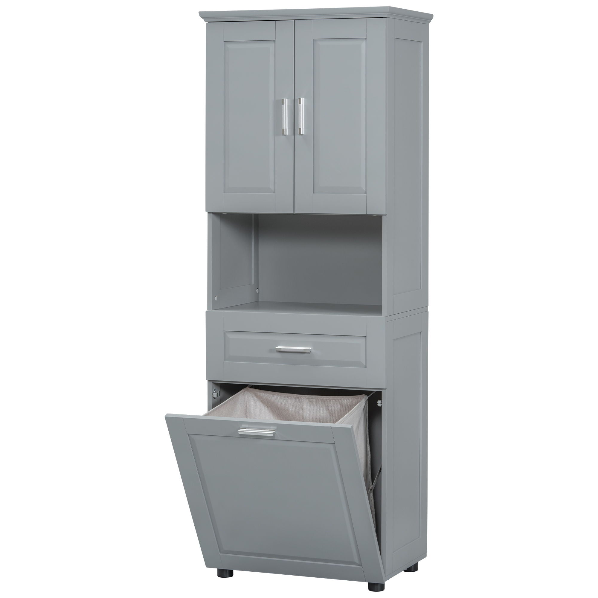 Tall Bathroom Cabinet With Tilt-Out Laundry Basket And Upper Storage