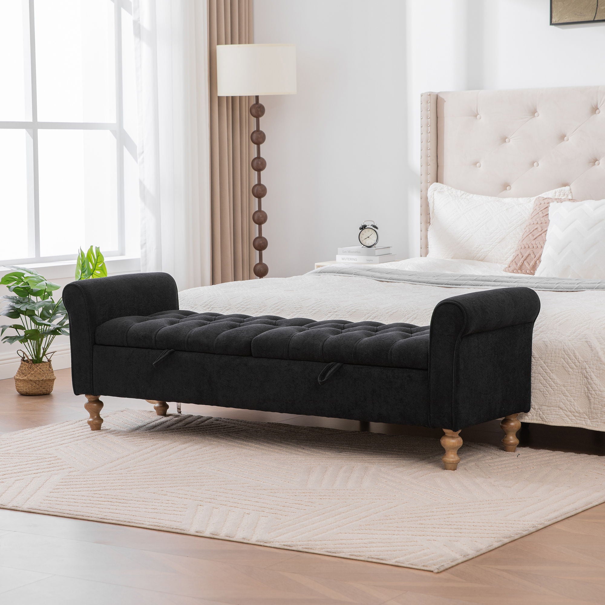 Modern Upholstered Storage Bench With Rolled Armrests]