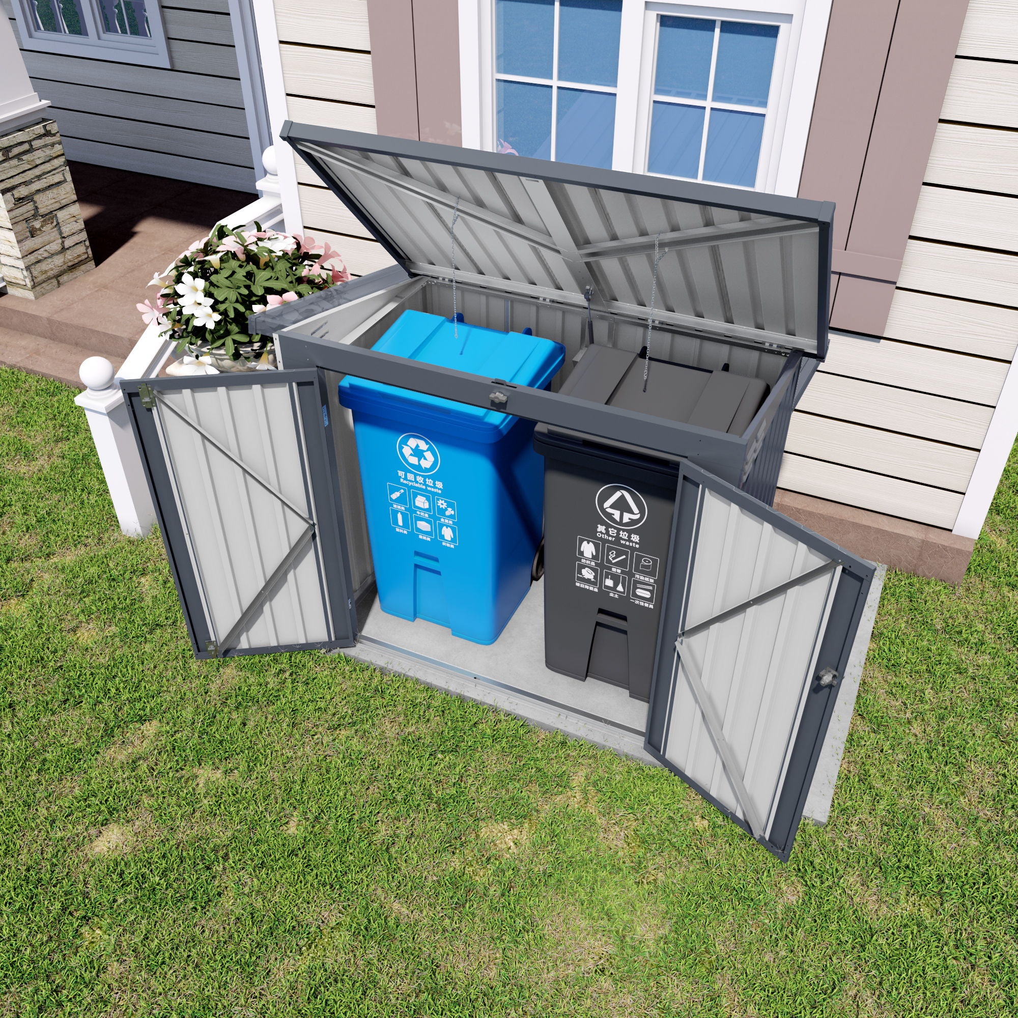 Outdoor Trash Can Storage Shed For 2 Bins Garbage - Gray