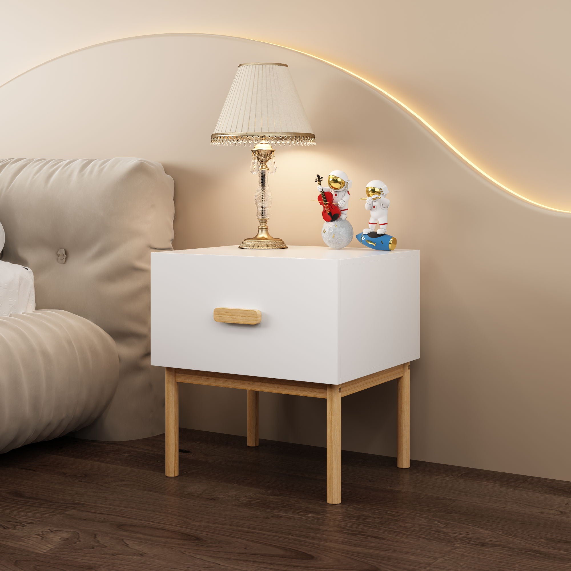 Nightstand With Drawer, Minimalist Bedside Table With Handle For Bedroom - White