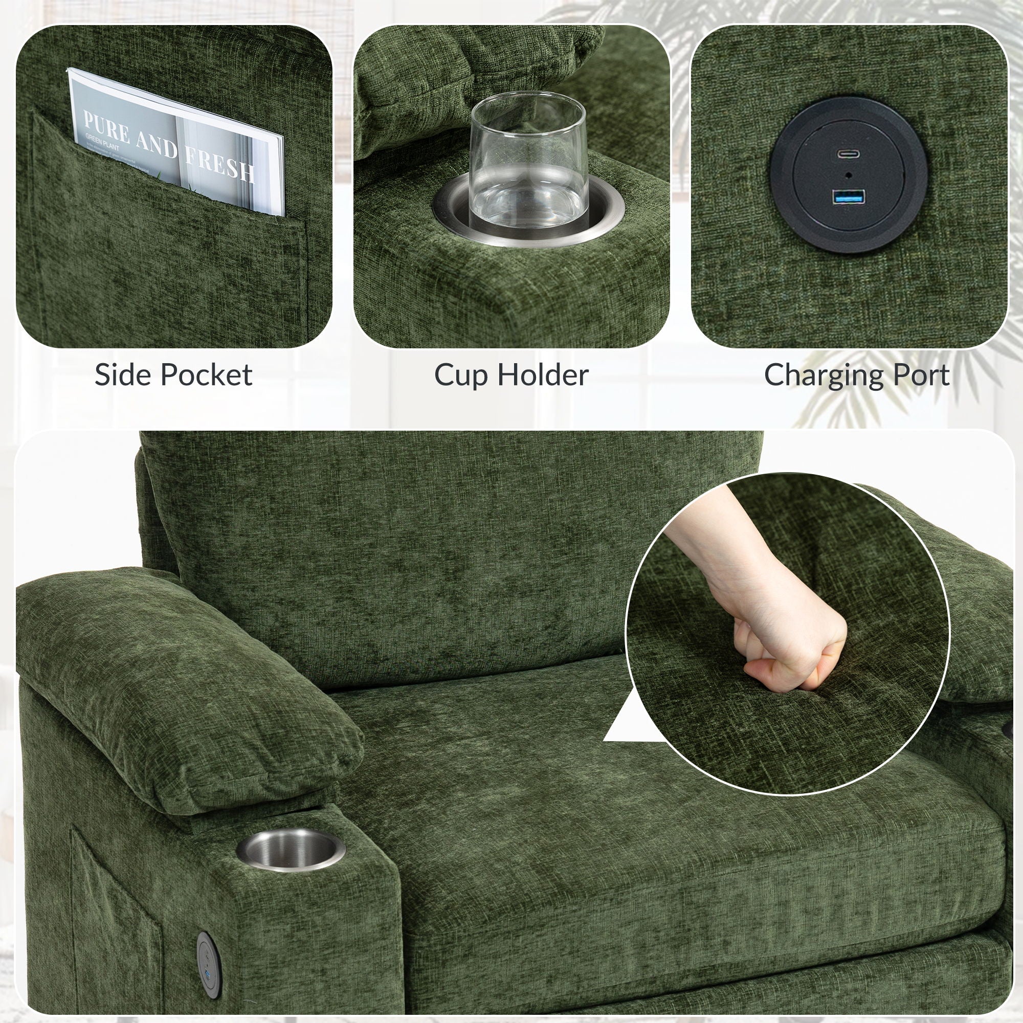 Fabric Sofa Bed With Cupholders And USB Charging Ports Chair For Living Room