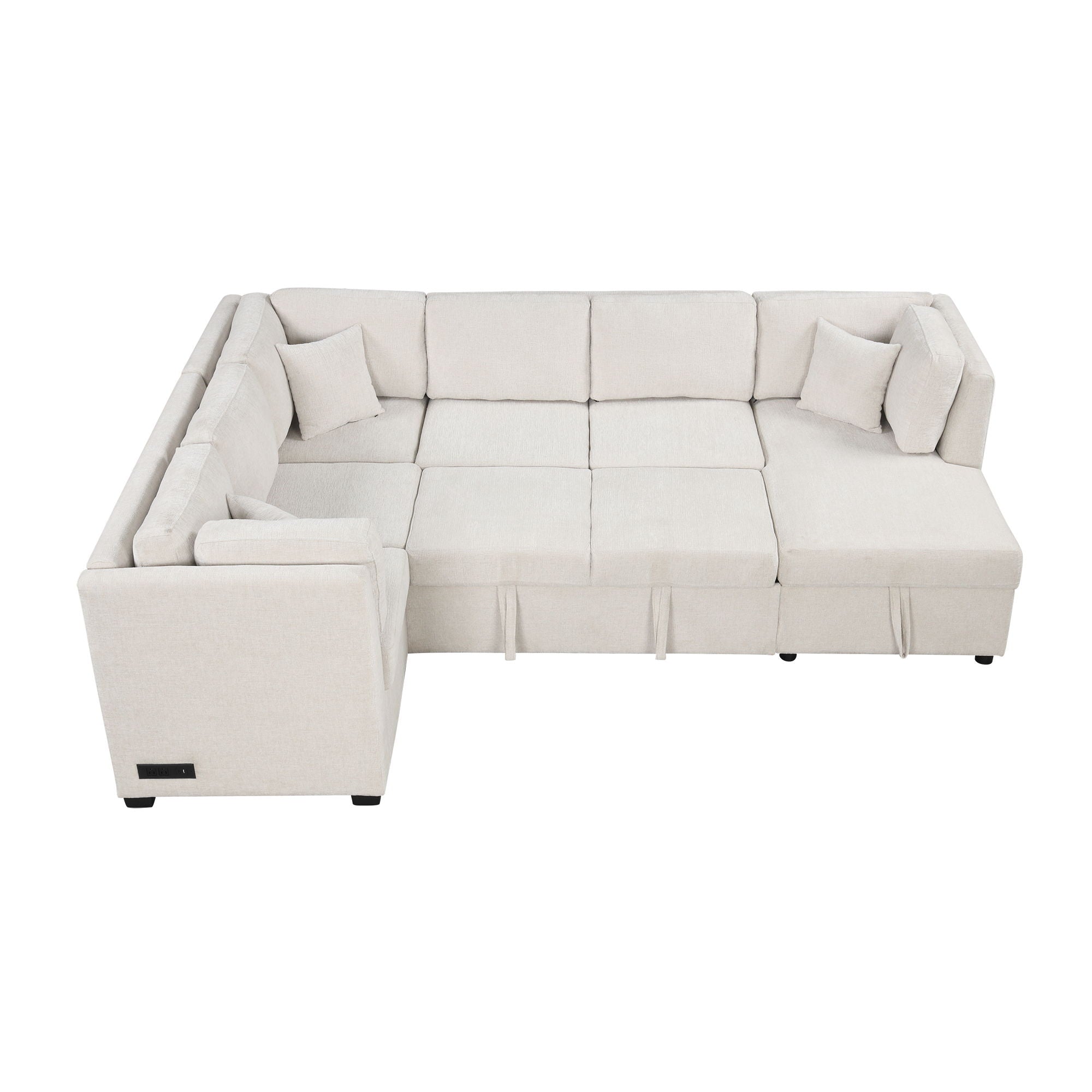 U-Shaped Sectional Sofa Pull Out Sofa Bed With Two USB Ports, Two Power Sockets, Three Back Pillows And A Storage Chaise For Living Room