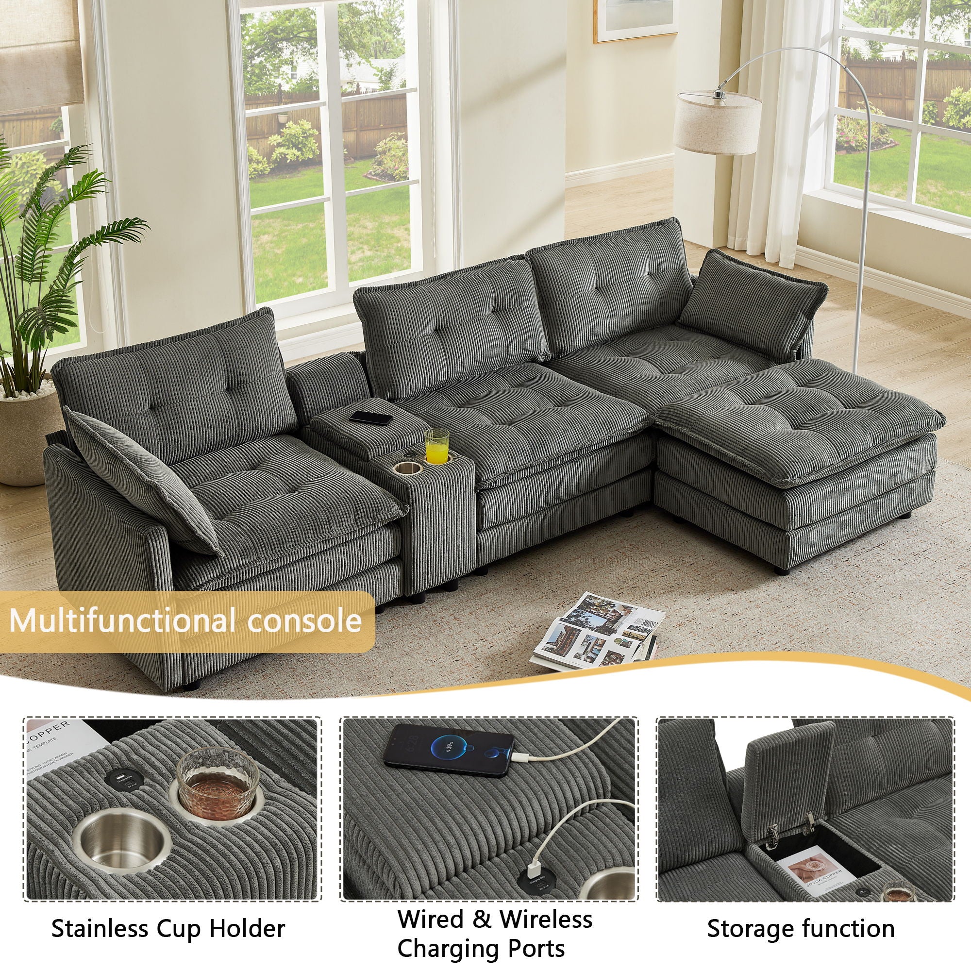Oversized Modular Sectional Sofa With Multi Functional Console