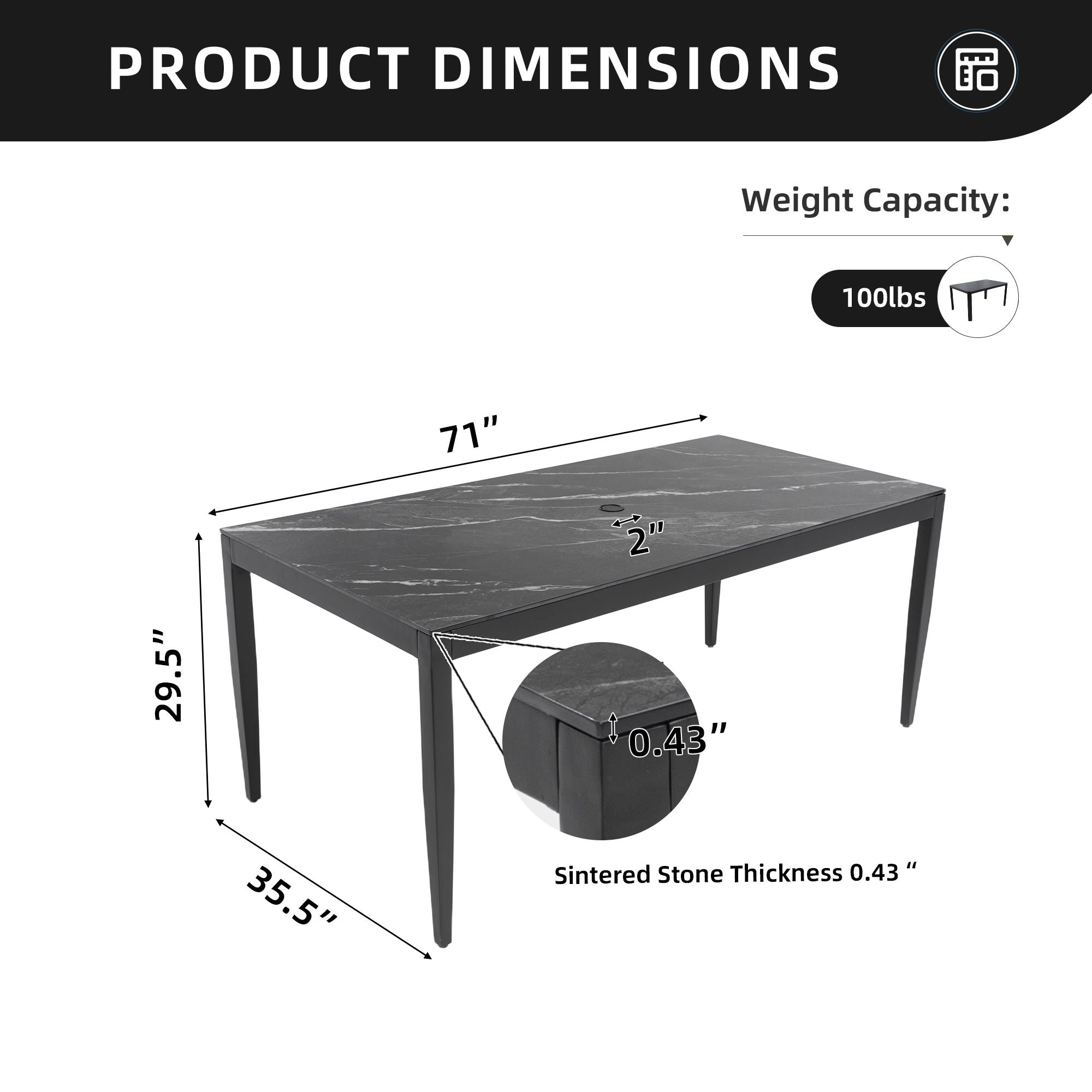Outdoor Modern Patio Dining Table, Post Tapered Legs, Weatherproof & Rust Free
