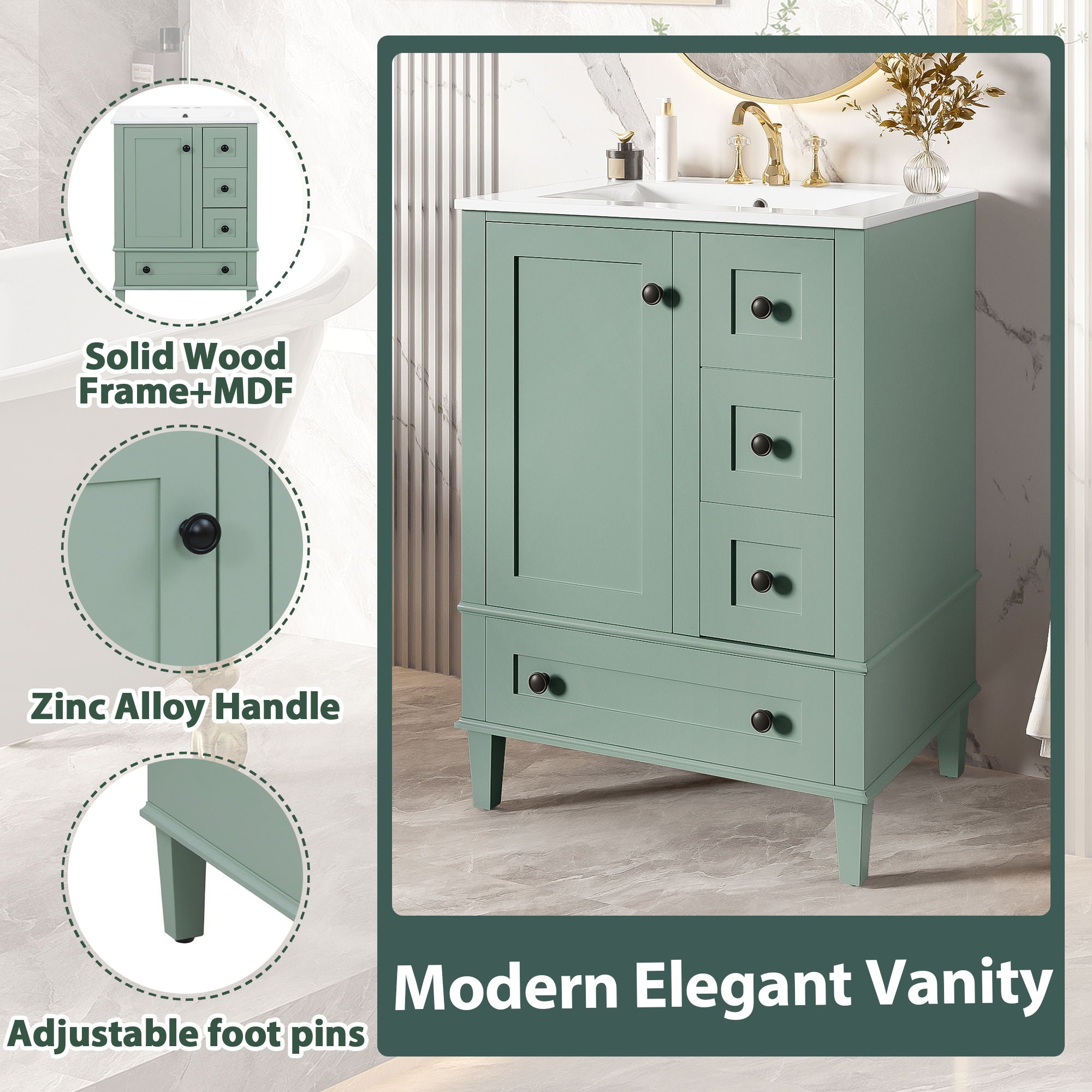 Bathroom Vanity With Integrated Basin, Soft Close Drawers, Door Mounted Double Layer Shelf