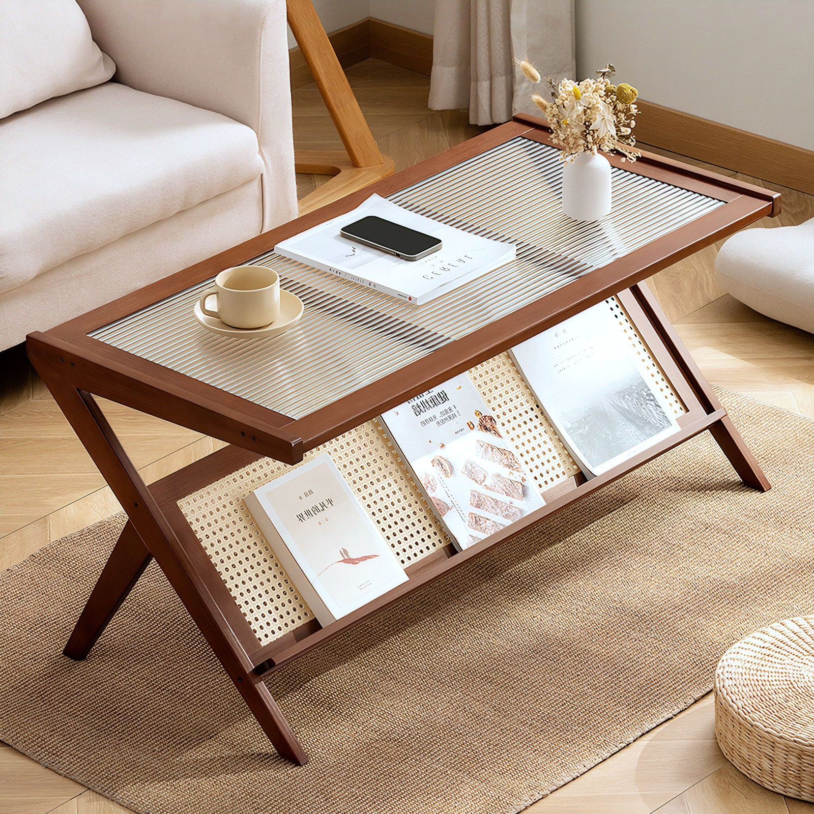 Rattan Coffee Tables For Living Room, Mid Century Modern Coffee Table With Glass Top, Large Boho Center Table With Storage - Brown